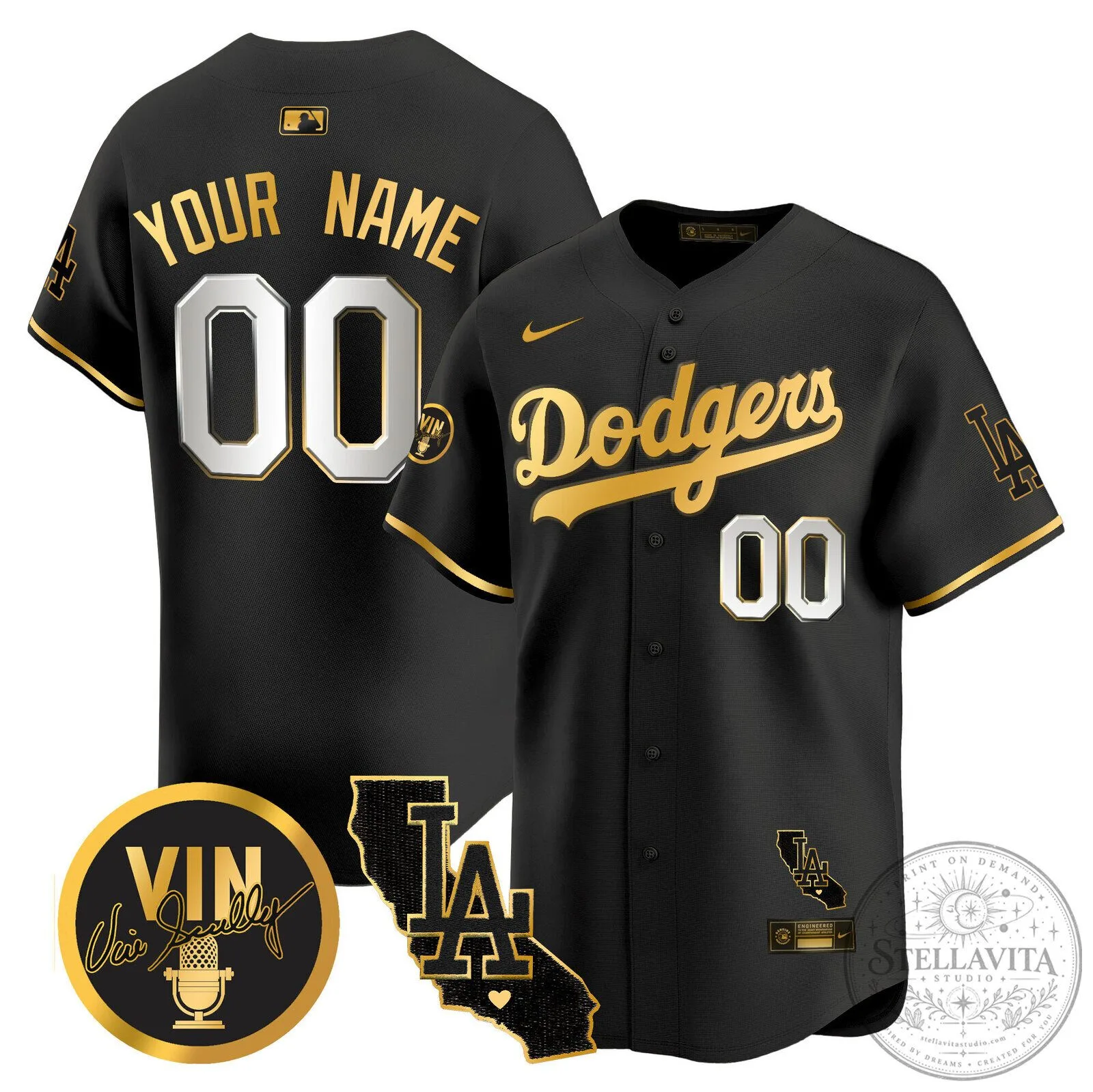 Dodgers Black and Gold Custom Baseball Jersey with Vin Scully Patch
