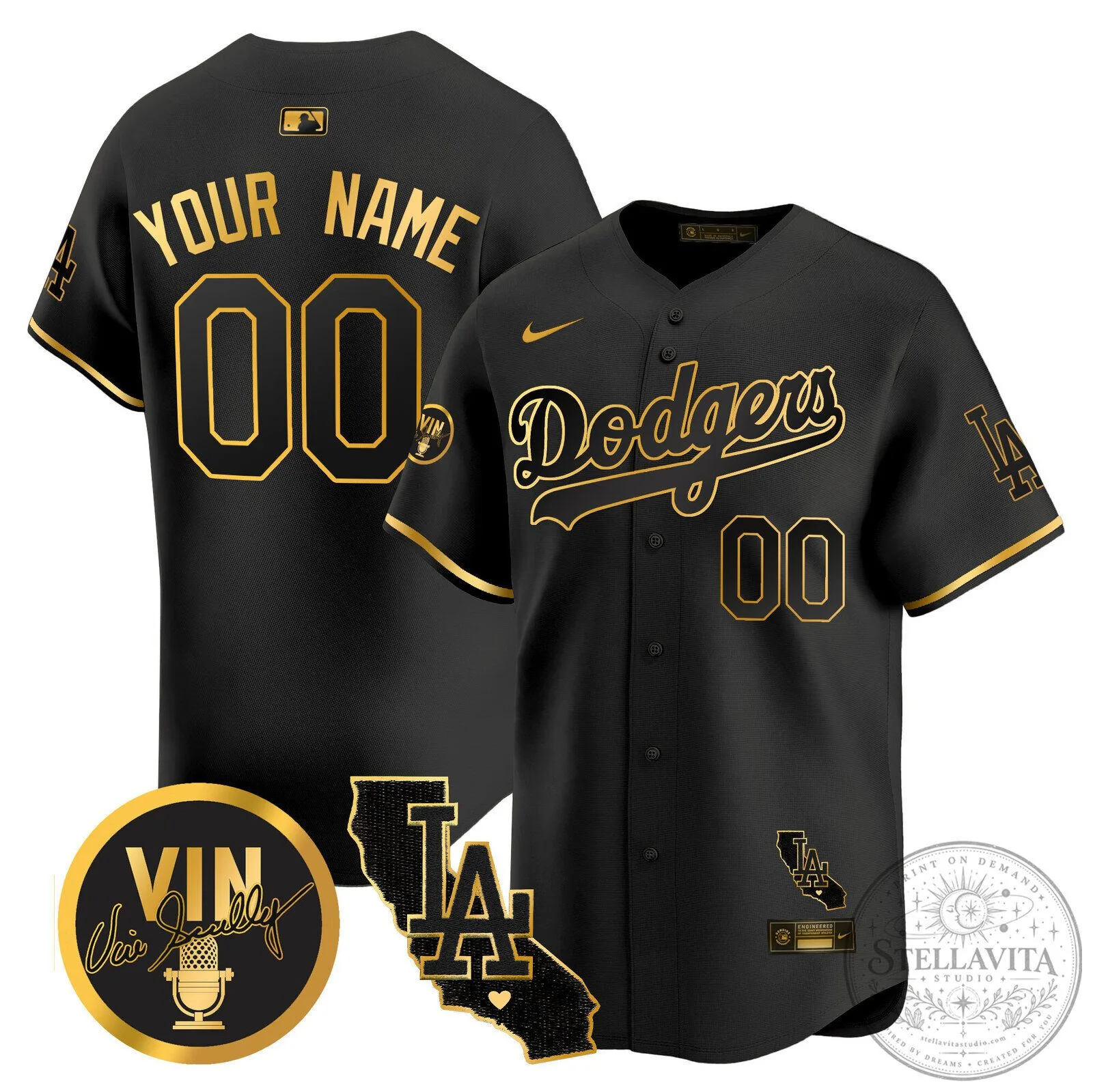 Dodgers Black and Gold Custom Baseball Jersey with Vin Scully Patch 8 Dodgers Black and Gold Custom Baseball Jersey with Vin Scully Patch