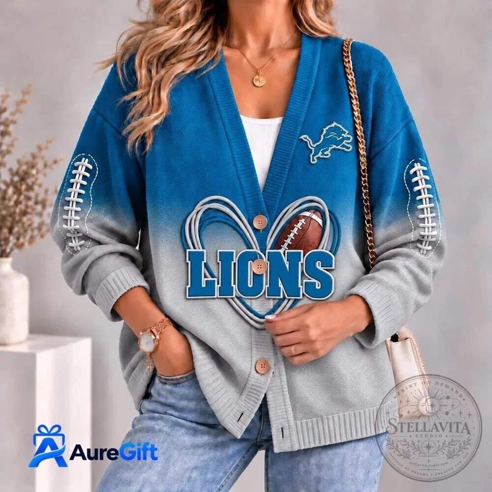 Detroit Lions Football Team Logo Gradient Blue and Gray Cardigan Sweater