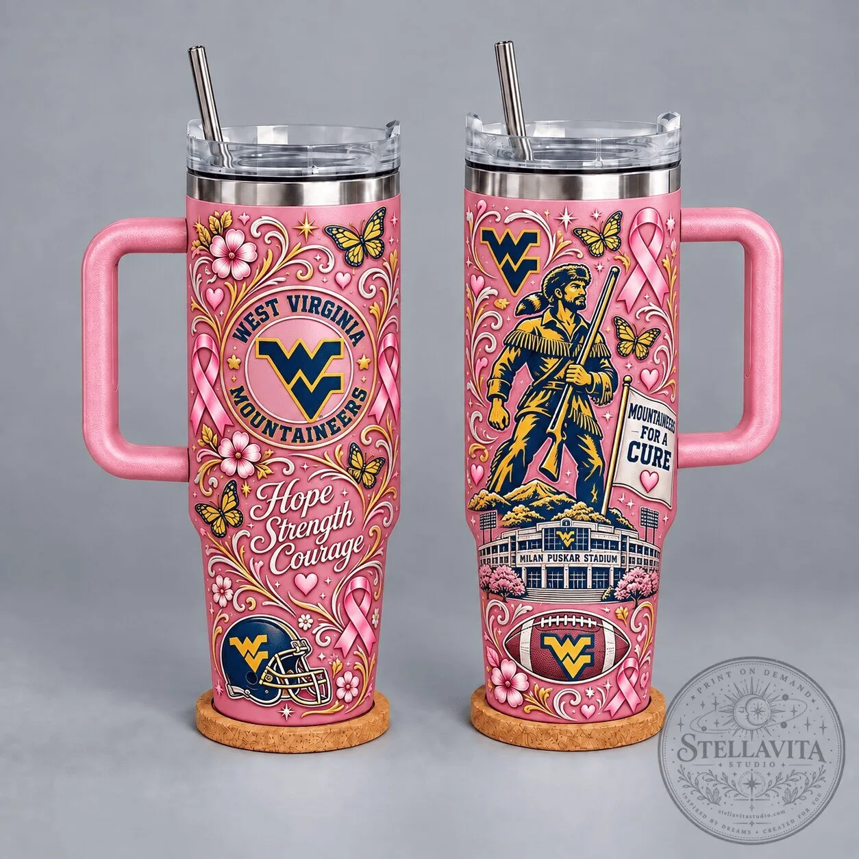 West Virginia Mountaineers Breast Cancer Awareness Pink Milan Puskar Stadium Tumbler