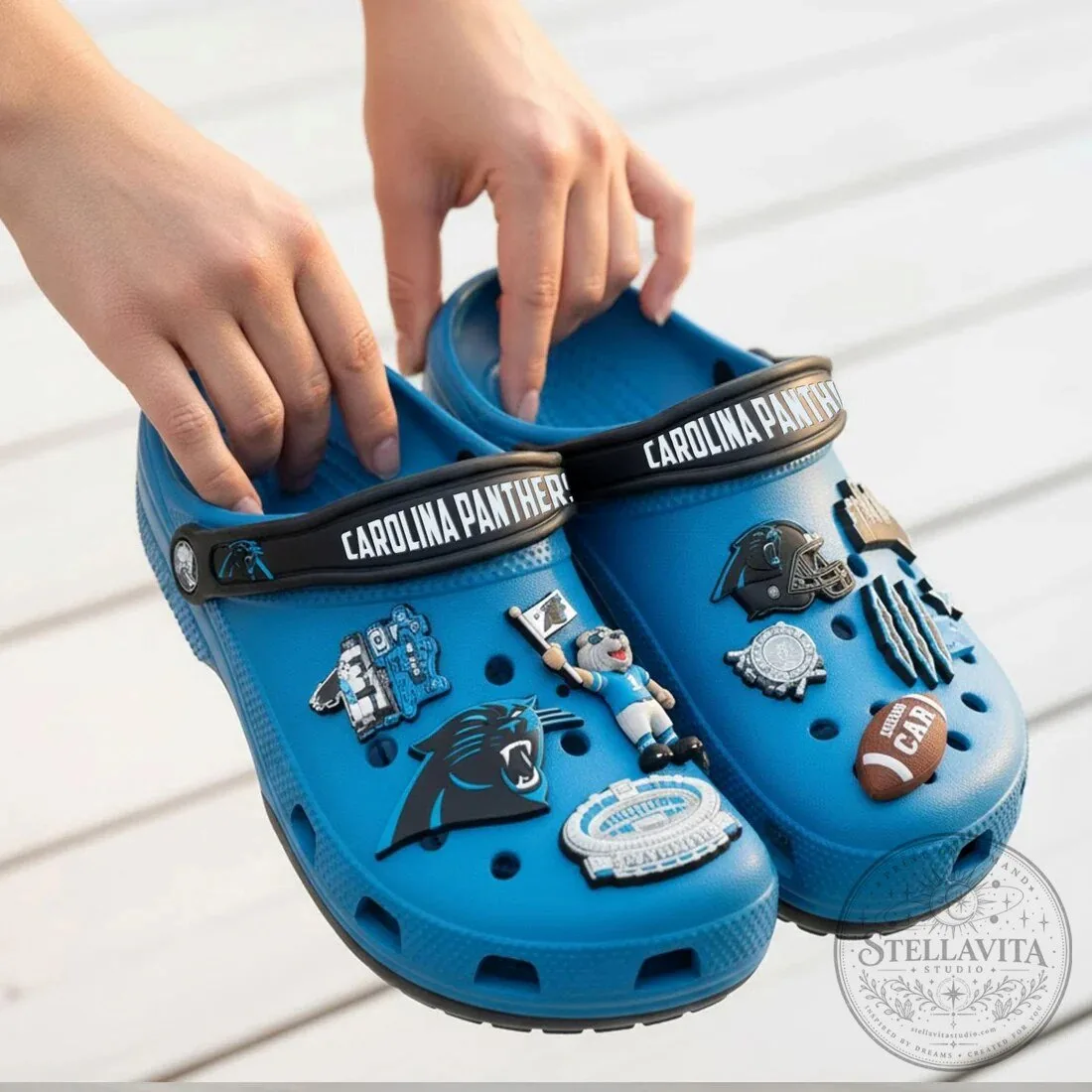 Carolina Panthers Blue Team Logo Embellished Crocs Shoes 8 Carolina Panthers Blue Team Logo Embellished Crocs Shoes