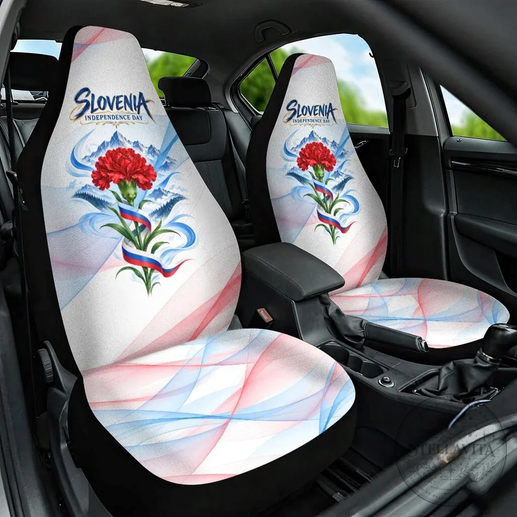 Slovenia Independence Day Red Carnation Flower Mount Triglav Flag Patriotic Car Seat Cover