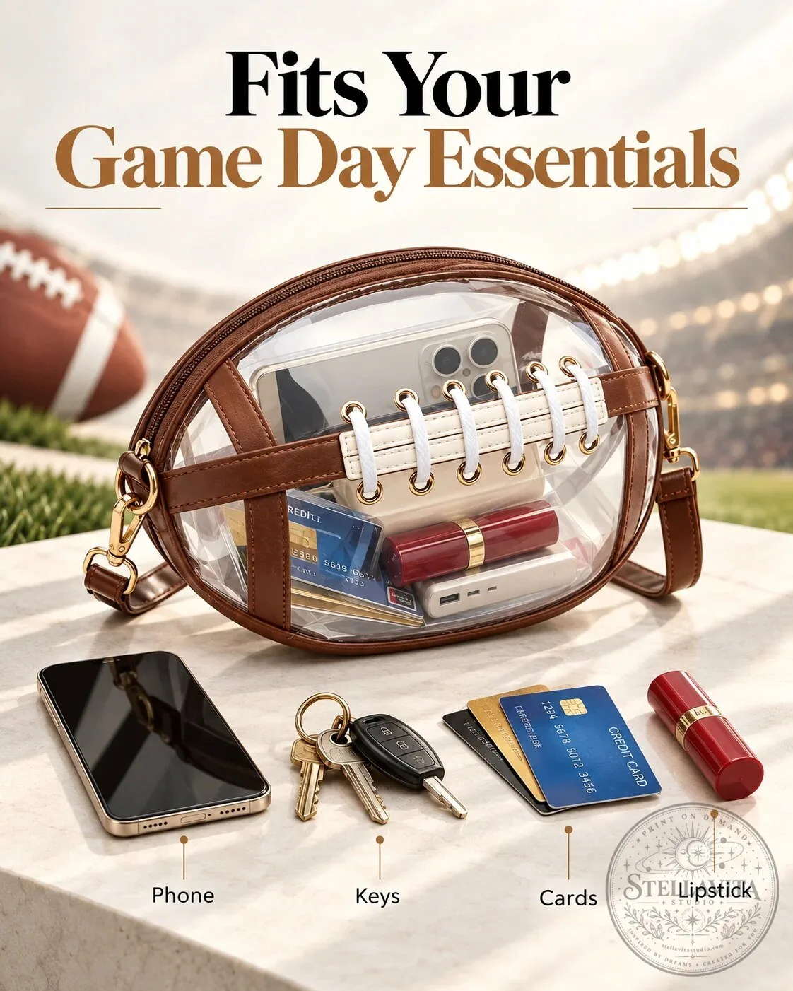 Football Shaped Clear Crossbody Bag Stadium Approved Game Day Essentials