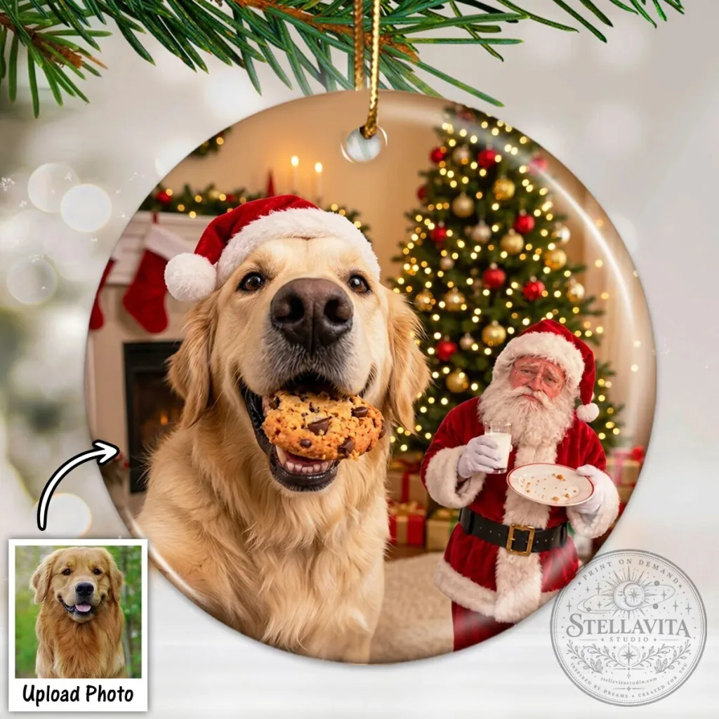 Personalized Golden Retriever Dog Stealing Santa's Cookie Christmas Tree Ornament Personalized Golden Retriever Dog Stealing Santa's Cookie Christmas Tree Ornament
