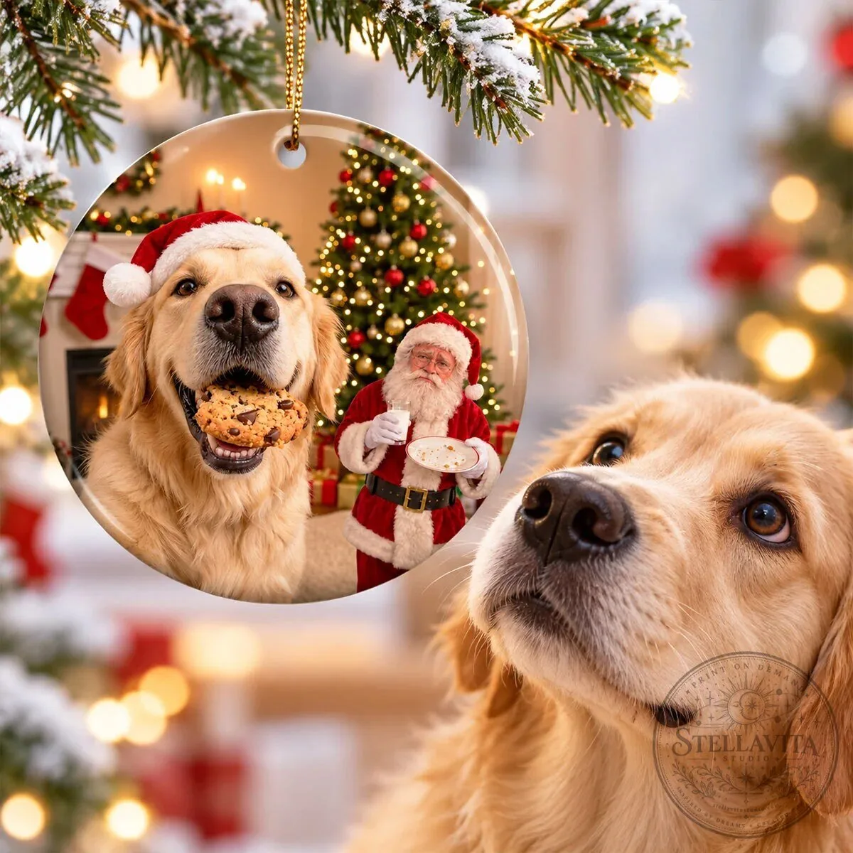 Personalized Golden Retriever Dog Stealing Santa's Cookie Christmas Tree Ornament 18 Personalized Golden Retriever Dog Stealing Santa