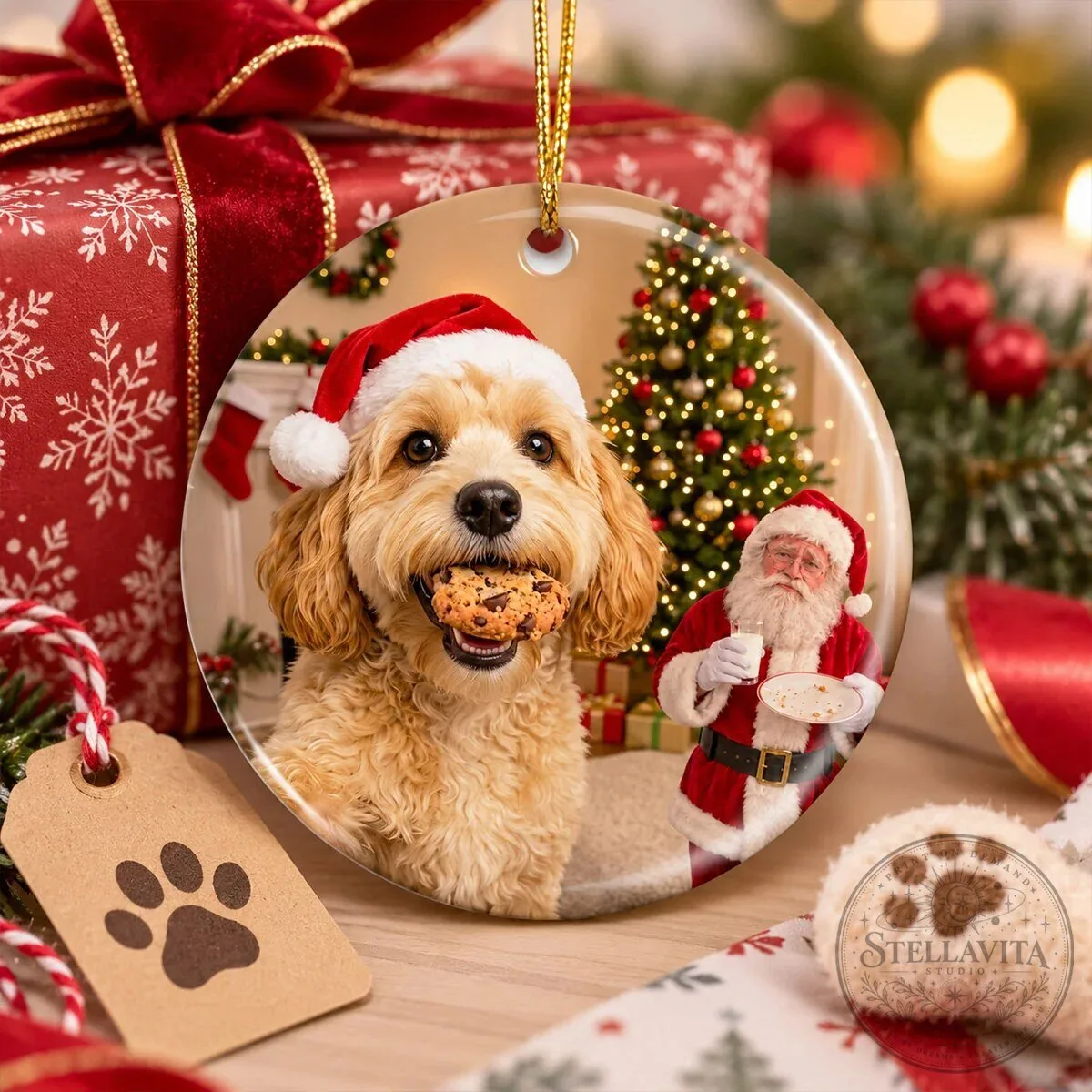 Personalized Golden Retriever Dog Stealing Santa's Cookie Christmas Tree Ornament 20 Personalized Golden Retriever Dog Stealing Santa