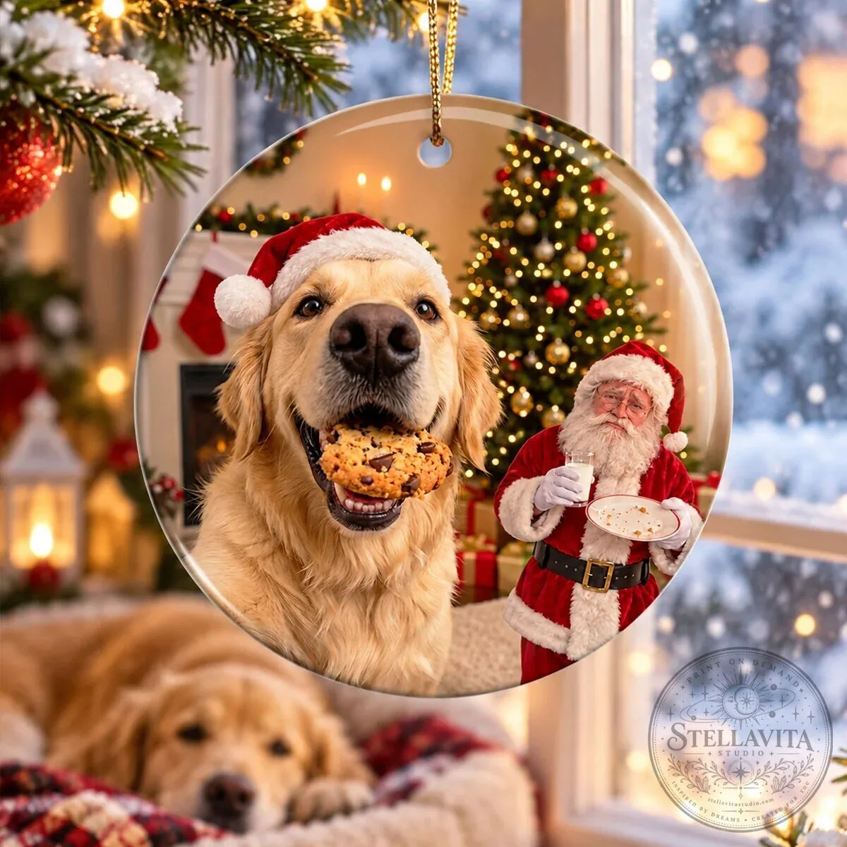 Personalized Golden Retriever Dog Stealing Santa's Cookie Christmas Tree Ornament 22 Personalized Golden Retriever Dog Stealing Santa
