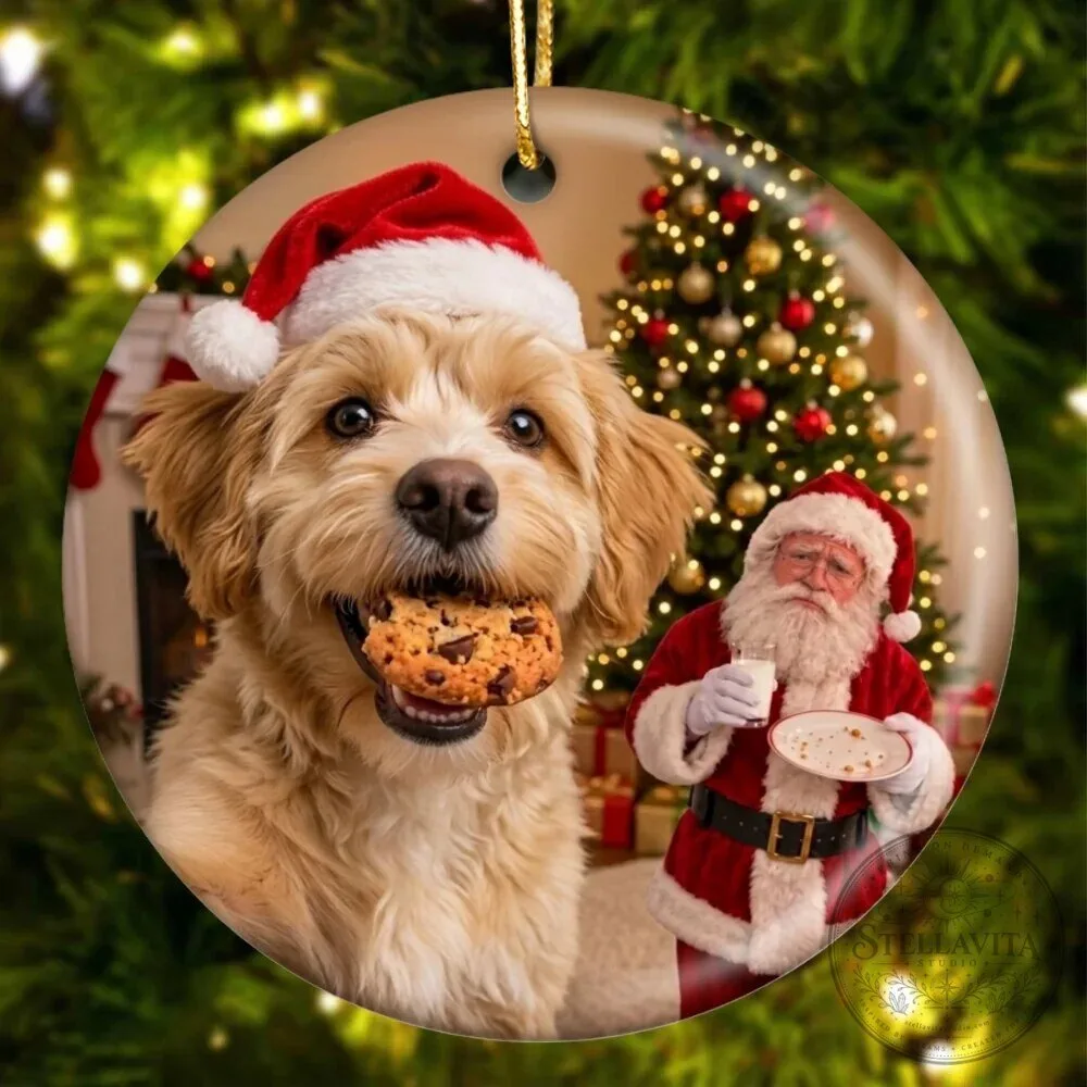 Personalized Golden Retriever Dog Stealing Santa's Cookie Christmas Tree Ornament 25 Personalized Golden Retriever Dog Stealing Santa