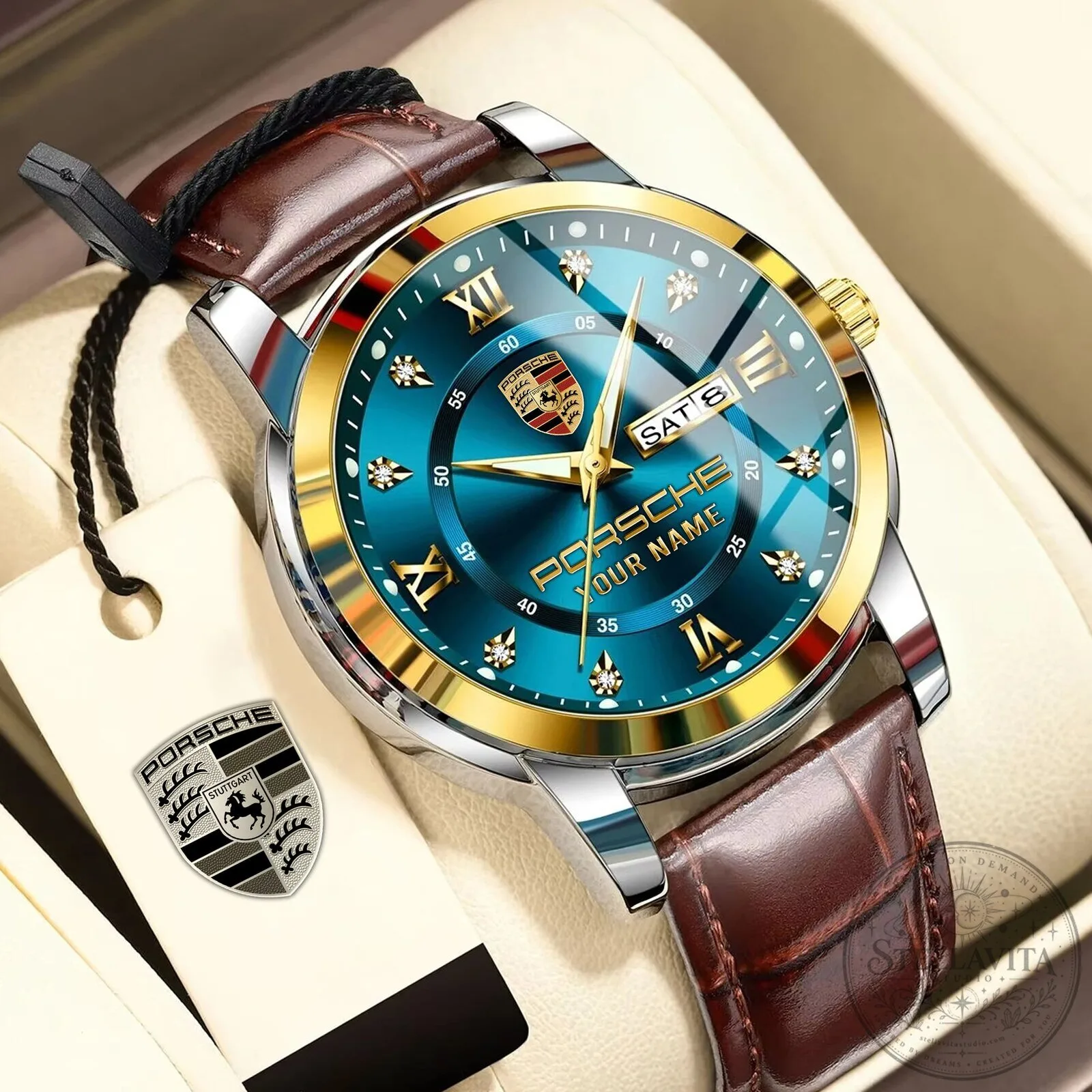 Porsche Custom Name Luxury Business Watch with Leather Strap