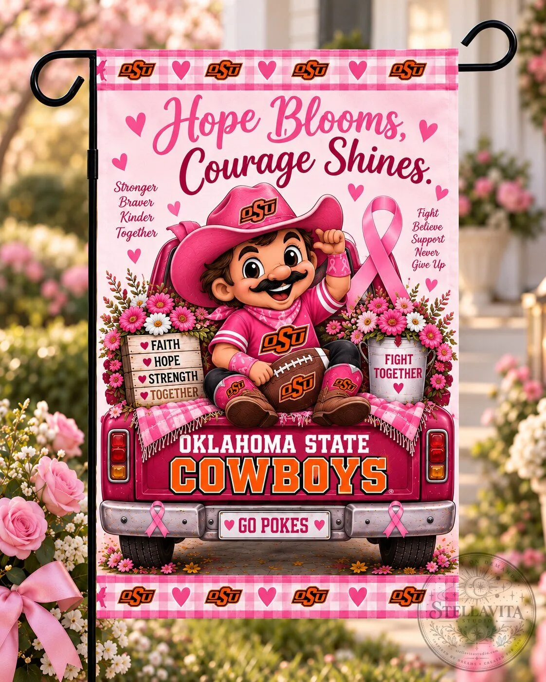Oklahoma State Cowboys Breast Cancer Awareness Hope Blooms Courage Shines Flag