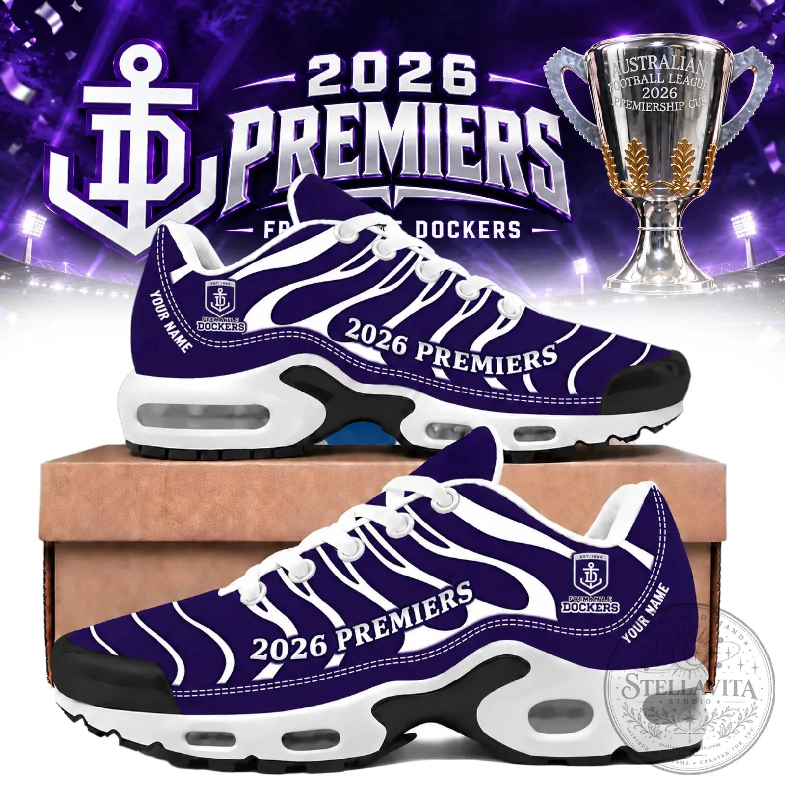 Fremantle Dockers 2026 Premiers Custom Name Purple and White Sneakers Shoes