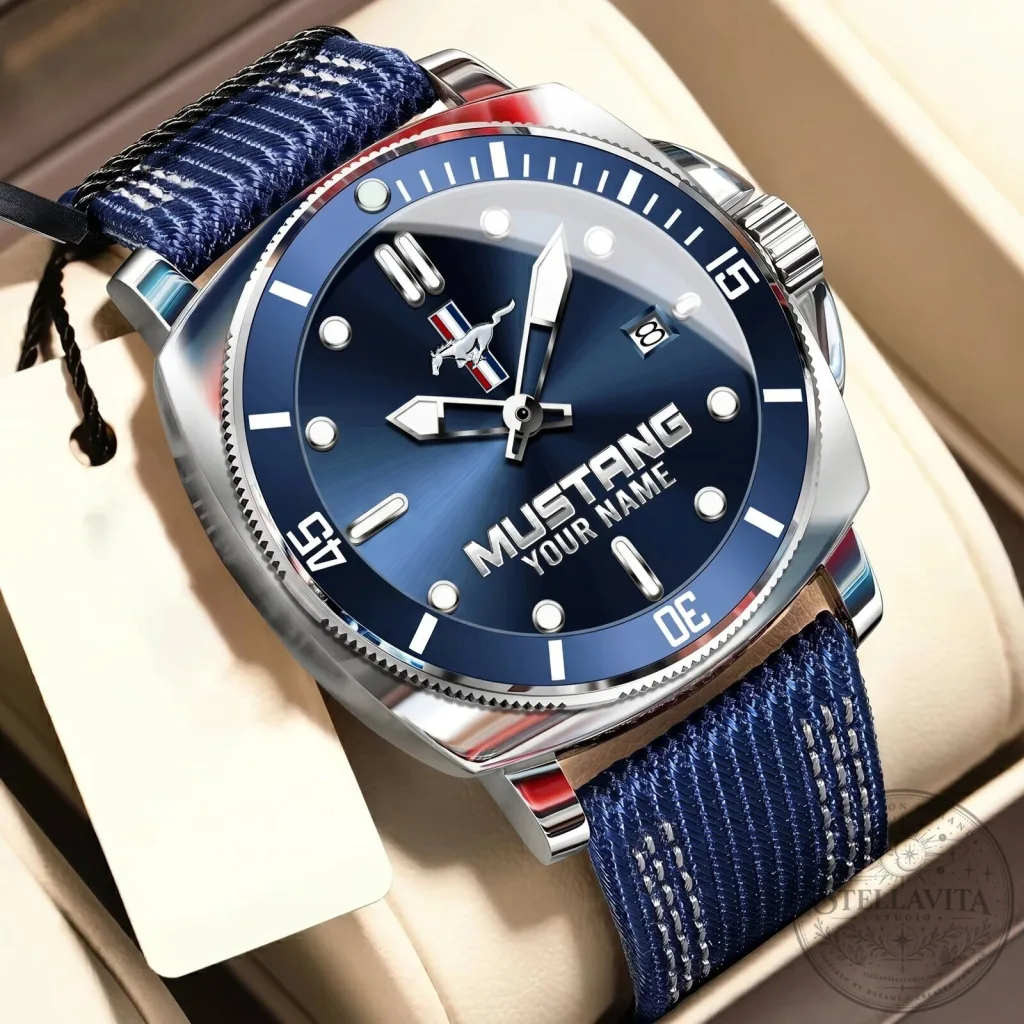 Ford Mustang Custom Name Blue Dial Men's Stainless Steel Watch Ford Mustang Custom Name Blue Dial Men's Stainless Steel Watch