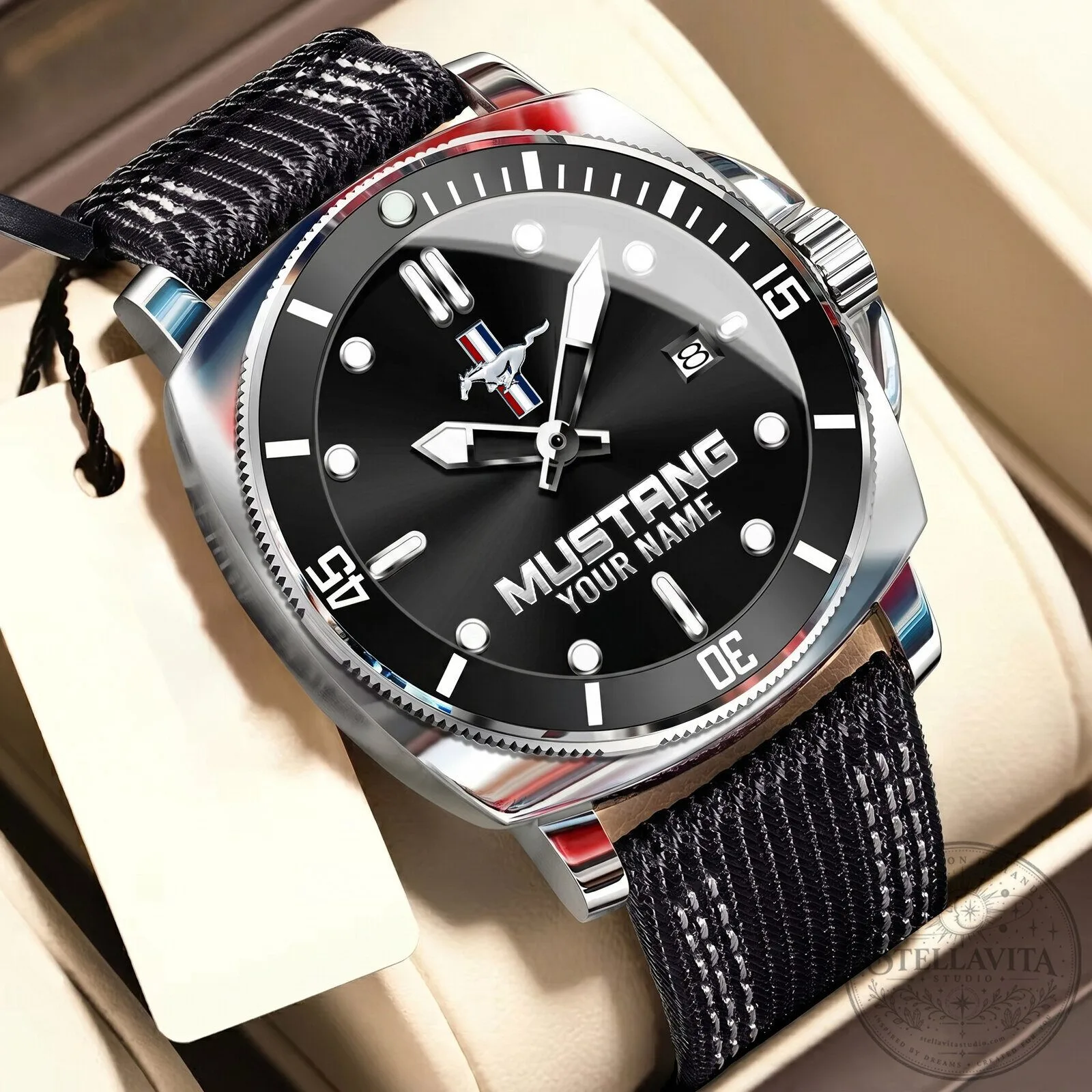 Ford Mustang Custom Name Blue Dial Men's Stainless Steel Watch 17 Ford Mustang Custom Name Blue Dial Men