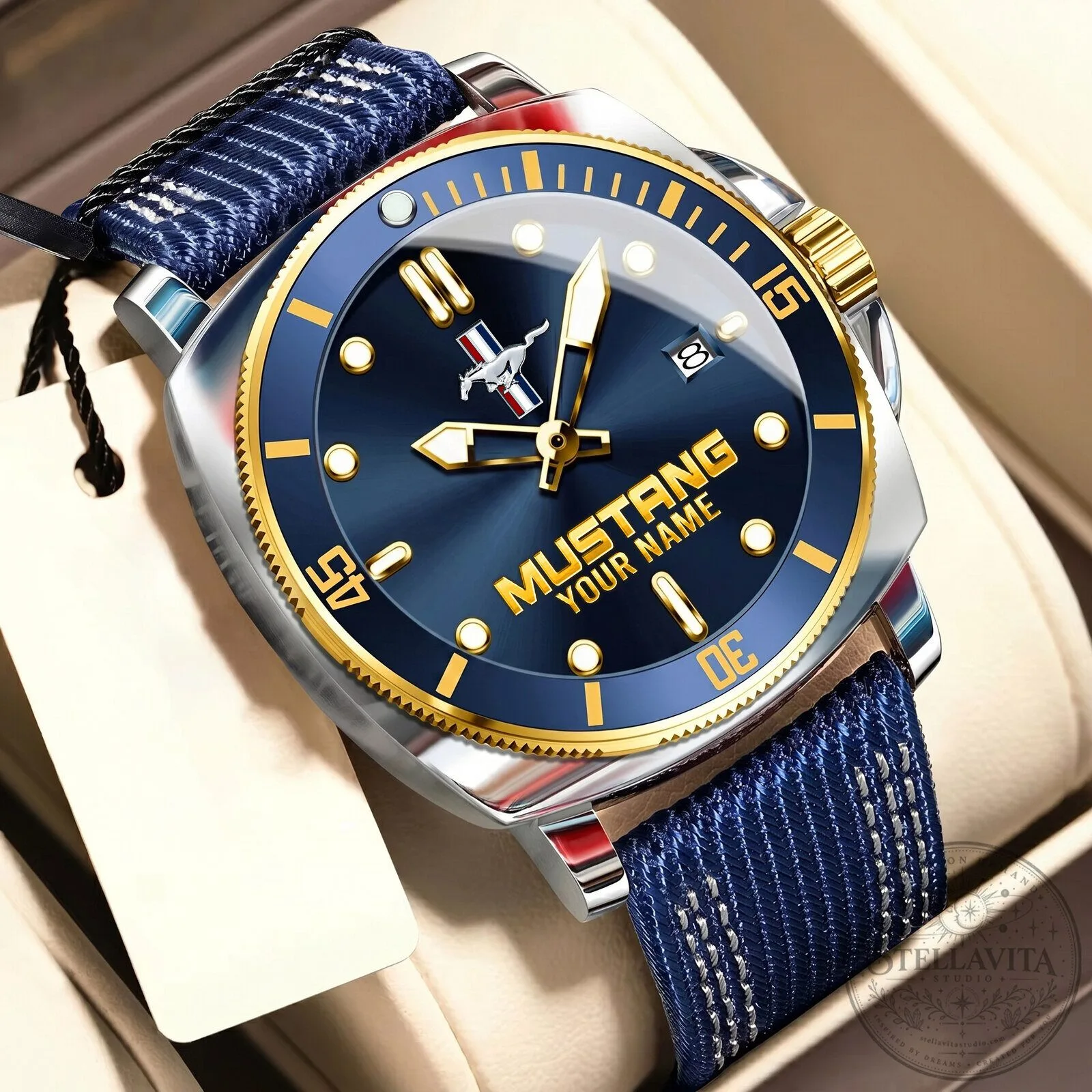 Ford Mustang Custom Name Blue Dial Men's Stainless Steel Watch 18 Ford Mustang Custom Name Blue Dial Men