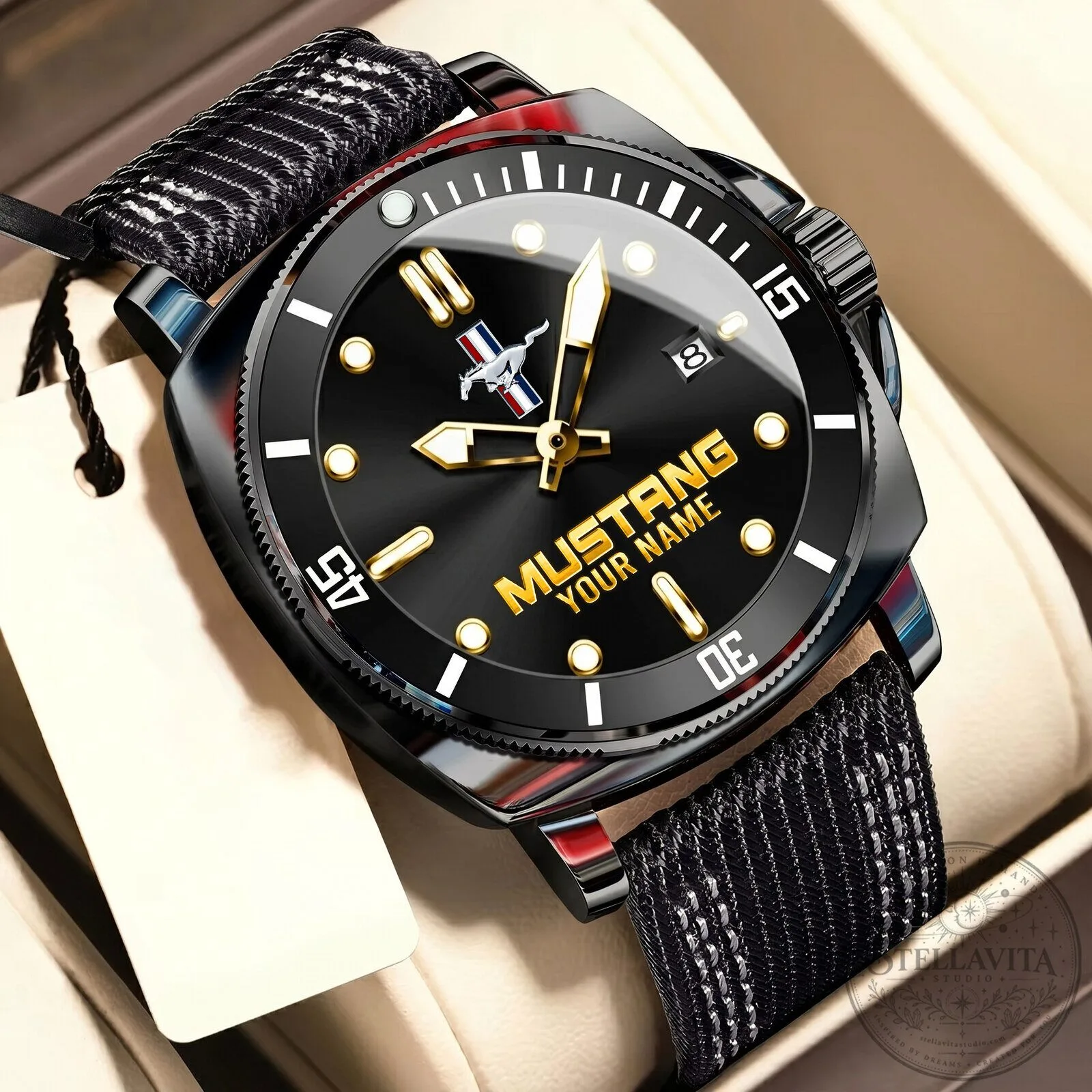 Ford Mustang Custom Name Blue Dial Men's Stainless Steel Watch 19 Ford Mustang Custom Name Blue Dial Men