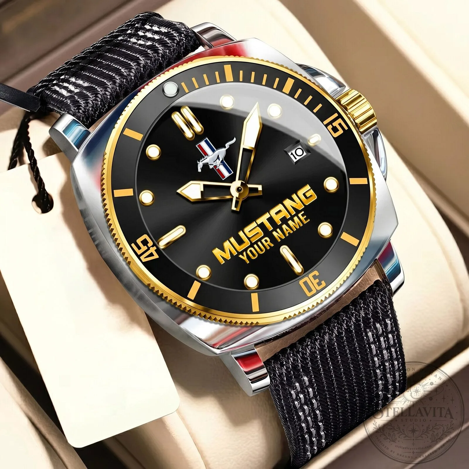 Ford Mustang Custom Name Blue Dial Men's Stainless Steel Watch 20 Ford Mustang Custom Name Blue Dial Men