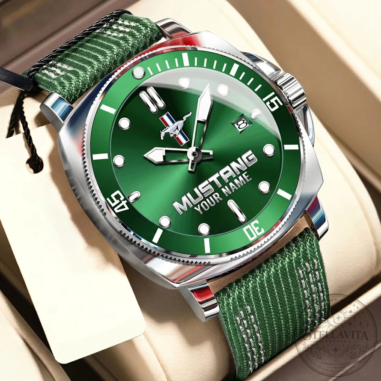 Ford Mustang Custom Name Blue Dial Men's Stainless Steel Watch 21 Ford Mustang Custom Name Blue Dial Men