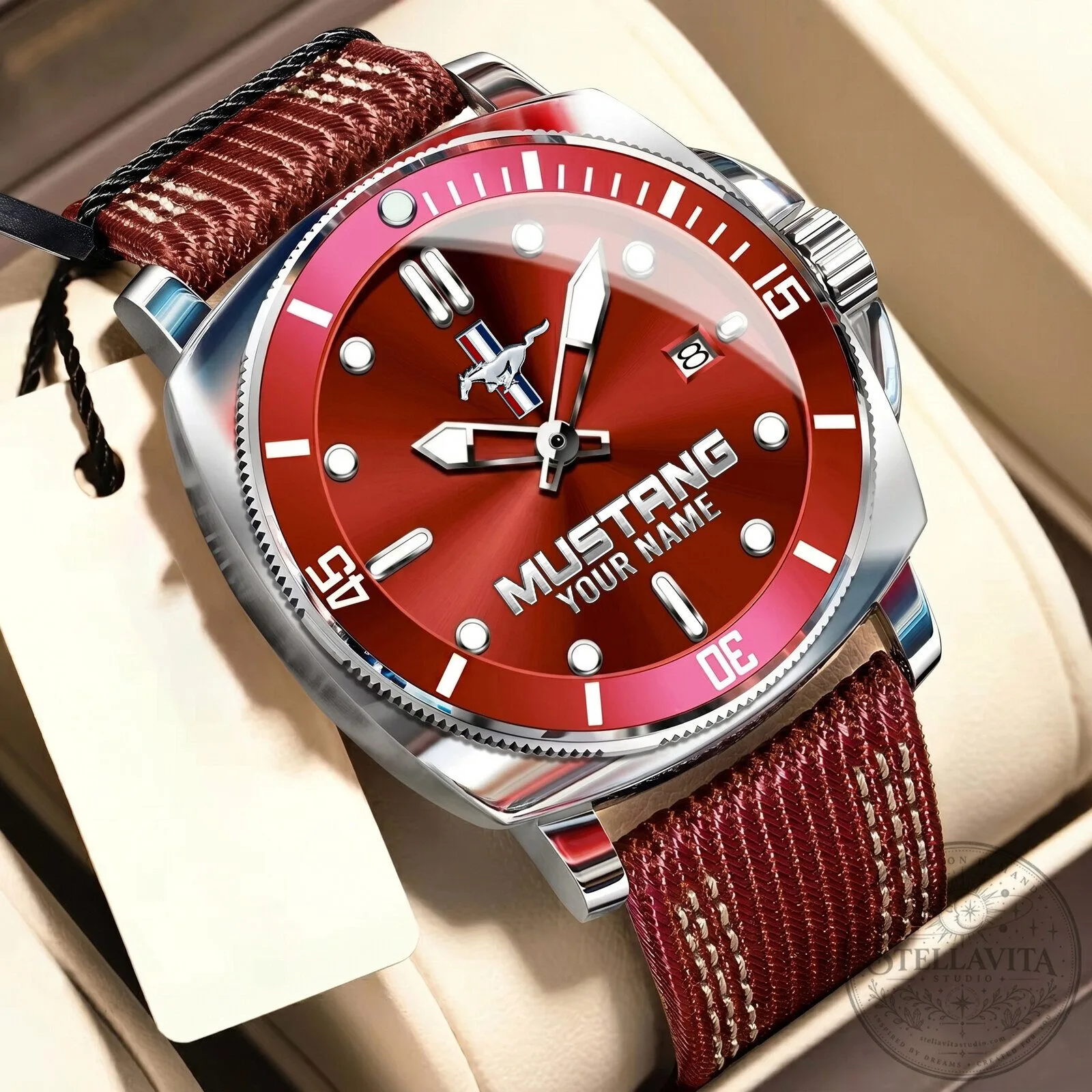 Ford Mustang Custom Name Blue Dial Men's Stainless Steel Watch 22 Ford Mustang Custom Name Blue Dial Men