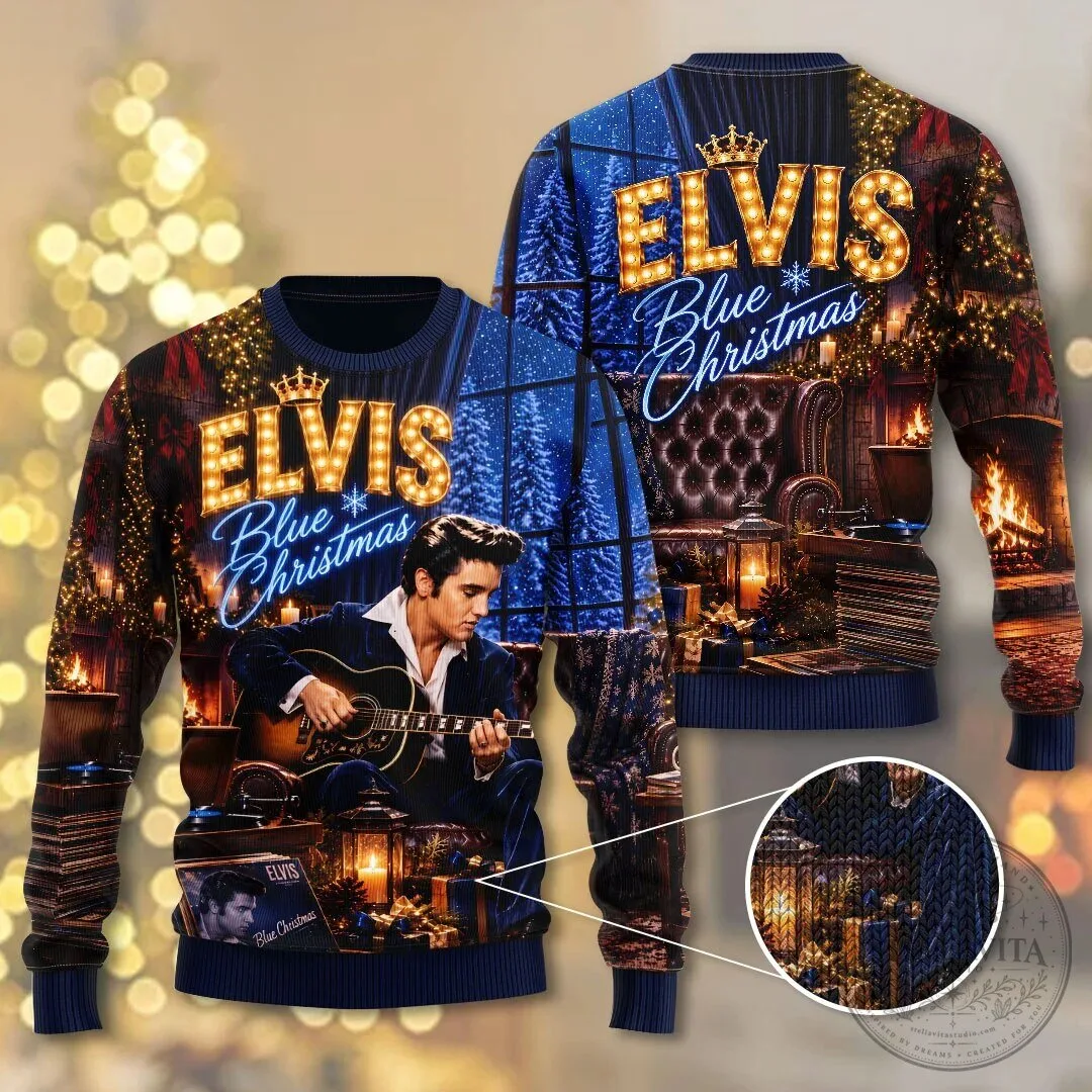 Elvis Presley Blue Christmas Ugly Holiday Sweater
