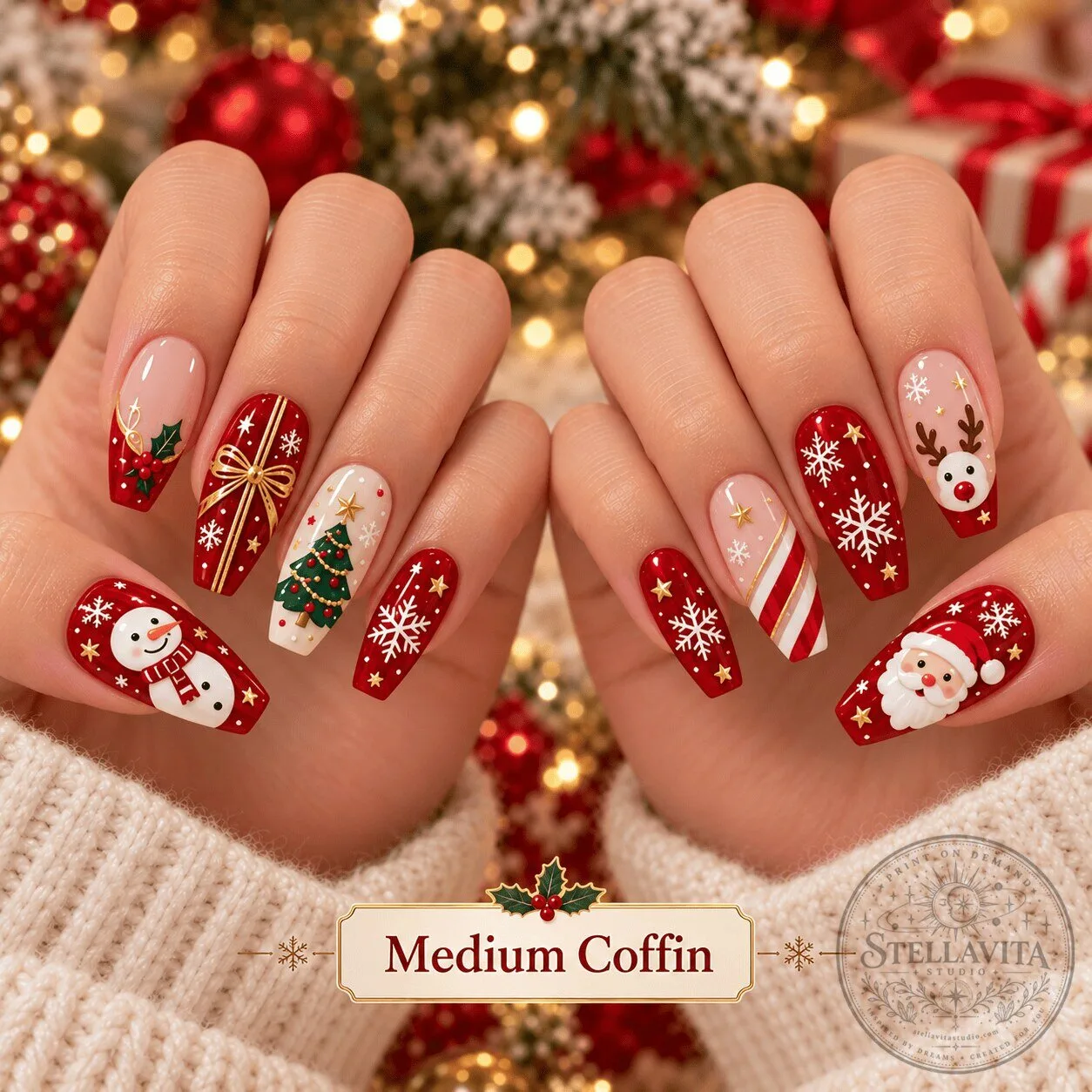 Christmas Holiday Wonderland Press-On Nails Set, Medium Coffin Shape