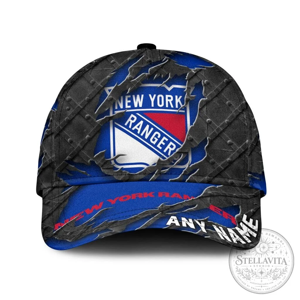 New York Rangers Personalized Name Black Metal Design Classic Baseball Cap Hat