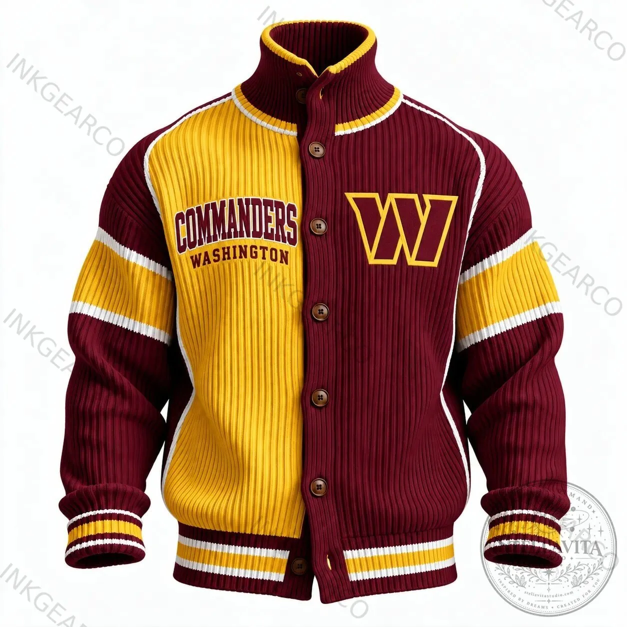 Washington Commanders Football Team Maroon Gold Ribbed Knit Varsity Jacket