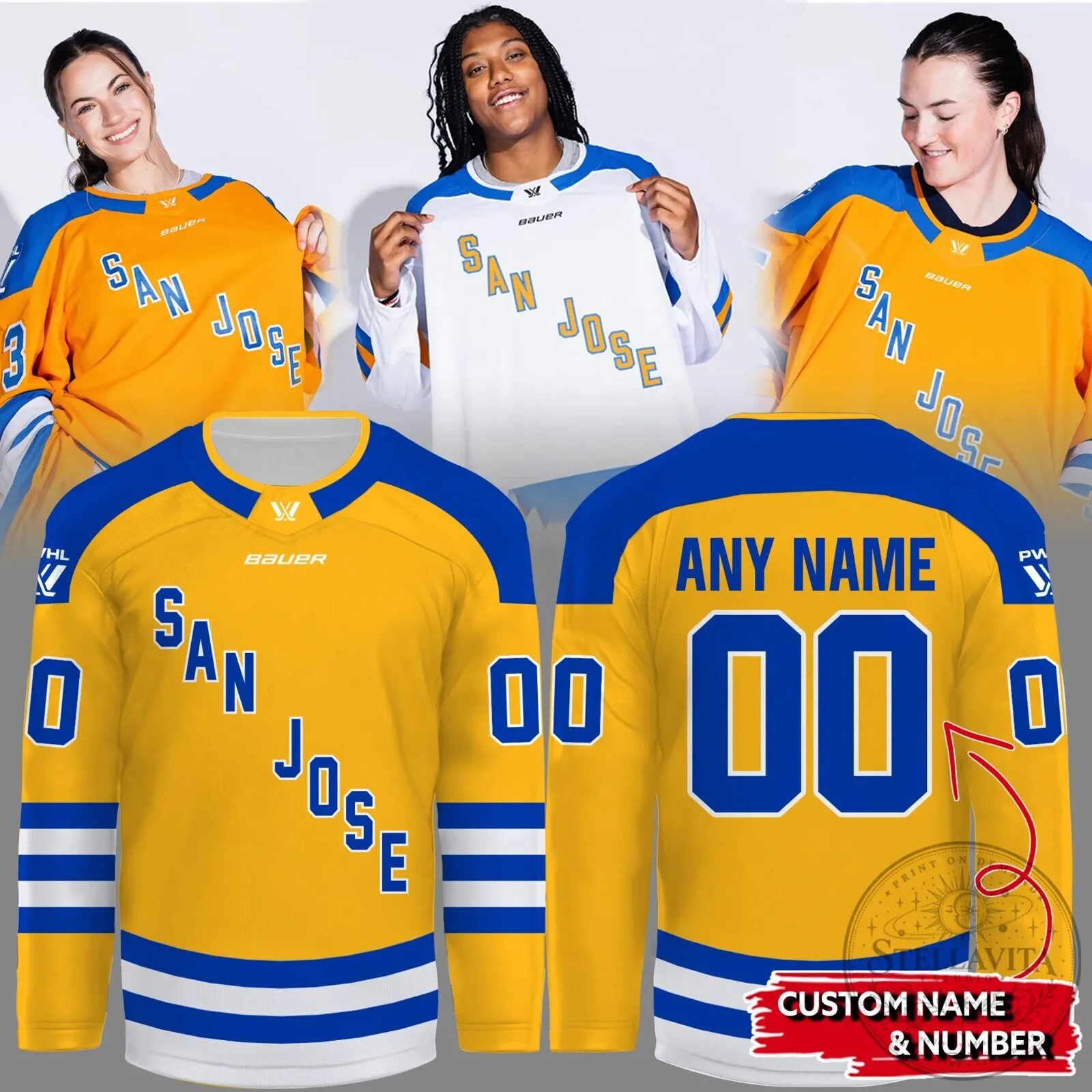 PWHL San Jose Sharks Personalized Gold Hockey Jersey 2 PWHL San Jose Sharks Personalized Gold Hockey Jersey