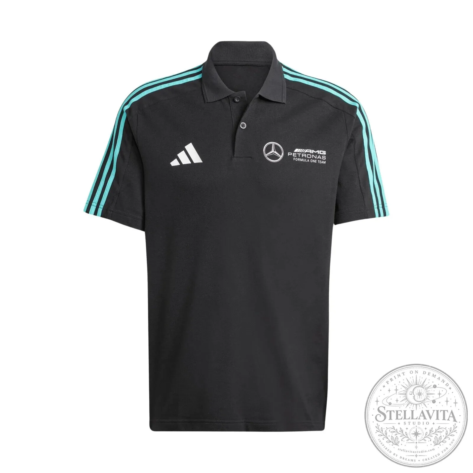 Mercedes-AMG Petronas Formula One Team Black Polo Shirt with Aqua Stripes 7 Mercedes-AMG Petronas Formula One Team Black Polo Shirt with Aqua Stripes