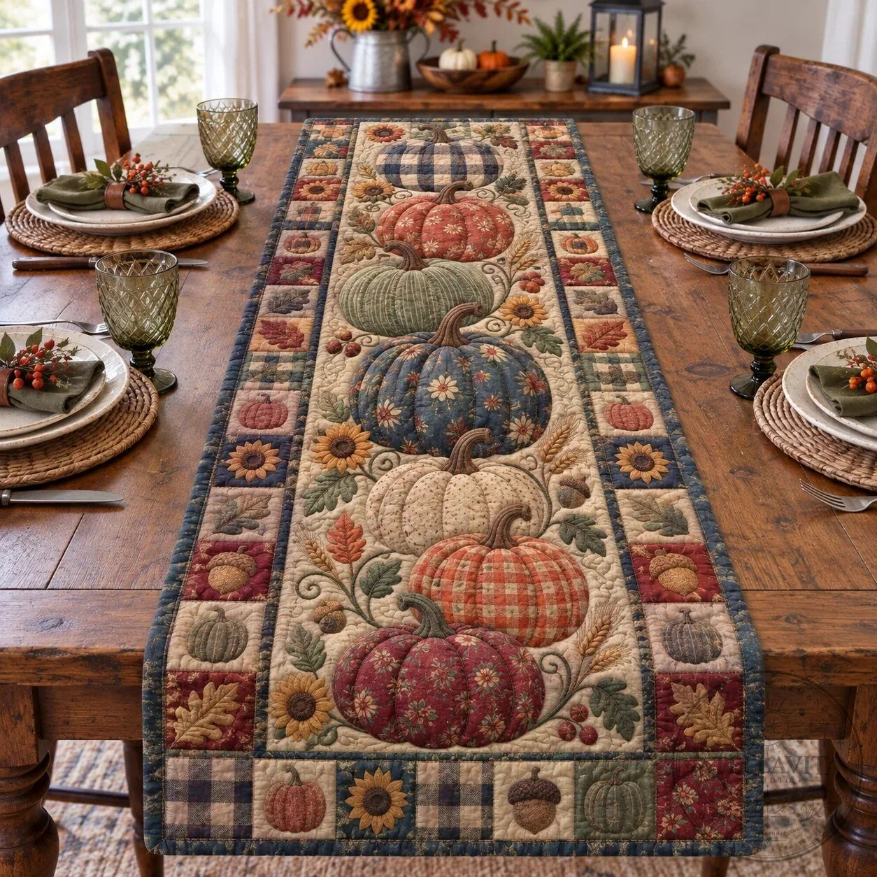 Autumn Pumpkin Patch Harvest Quilted Table Runner for Dining Room Decor