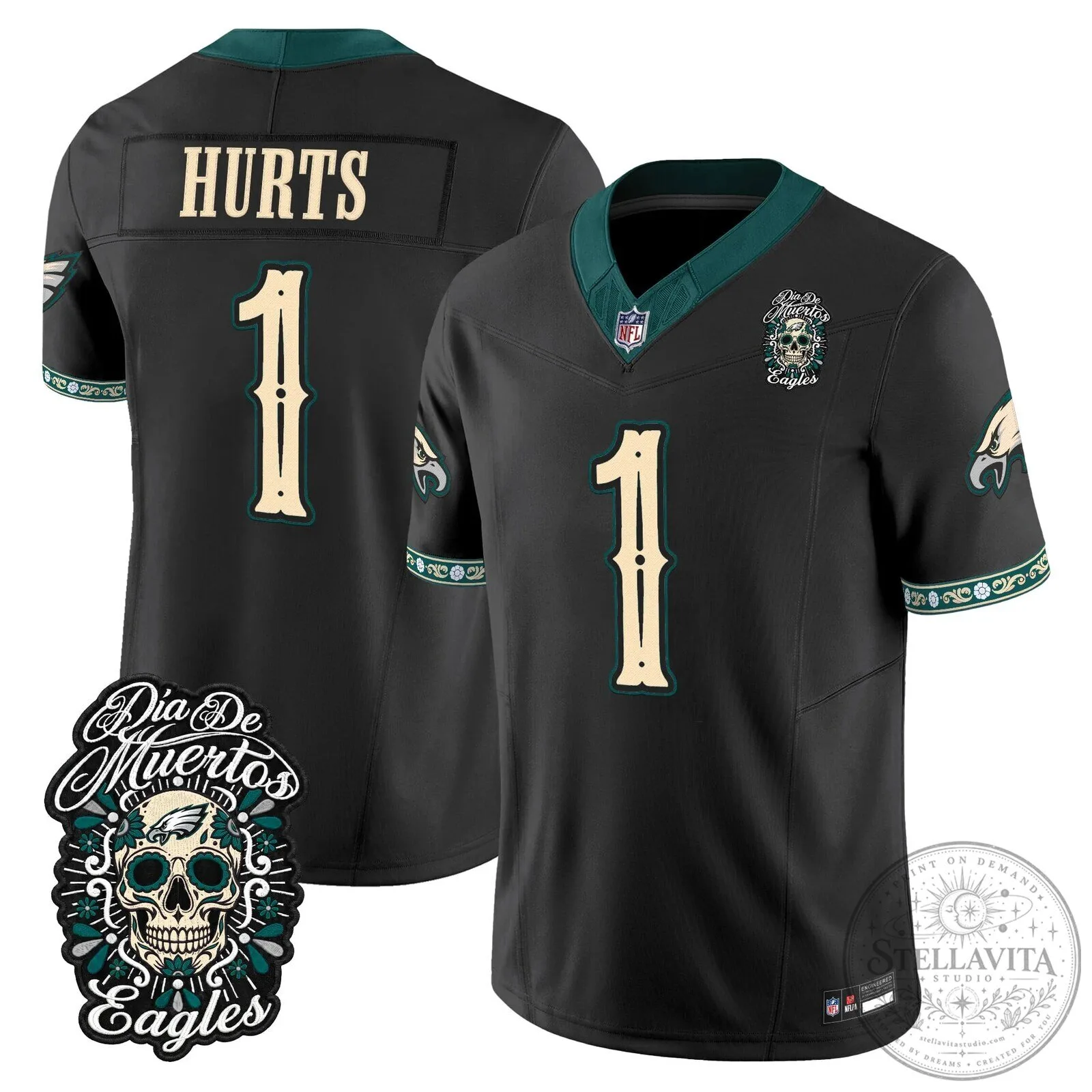 Jalen Hurts Football Jersey for Dia de los Muertos - Philadelphia Eagles Theme