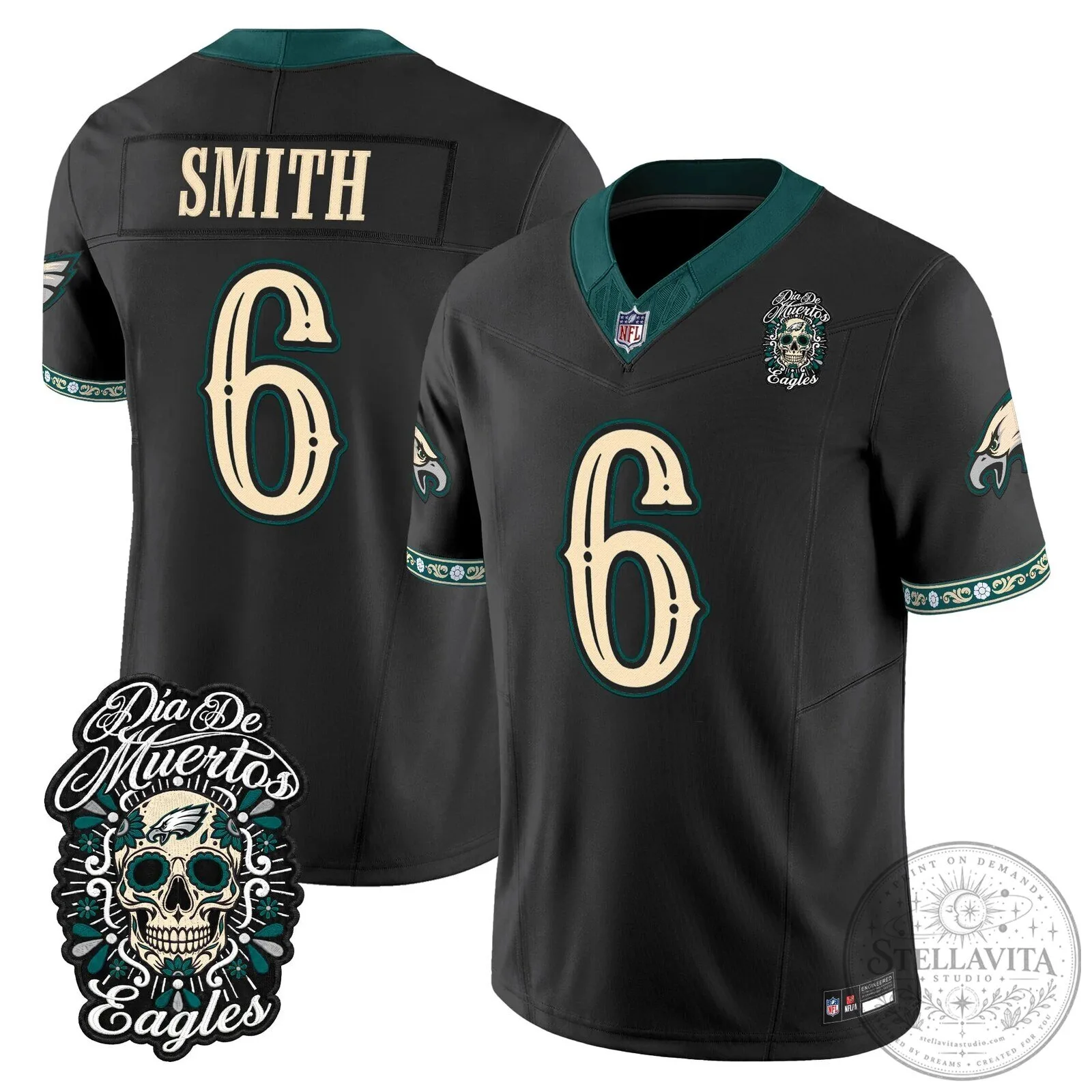 Jalen Hurts Football Jersey for Dia de los Muertos - Philadelphia Eagles Theme 49 Jalen Hurts Football Jersey for Dia de los Muertos - Philadelphia Eagles Theme