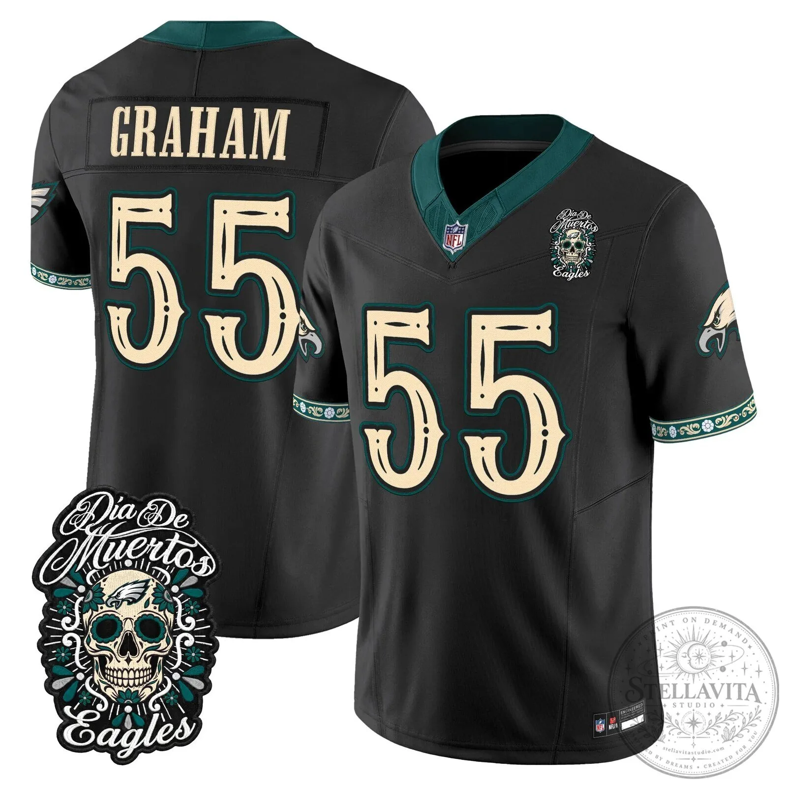Jalen Hurts Football Jersey for Dia de los Muertos - Philadelphia Eagles Theme 51 Jalen Hurts Football Jersey for Dia de los Muertos - Philadelphia Eagles Theme