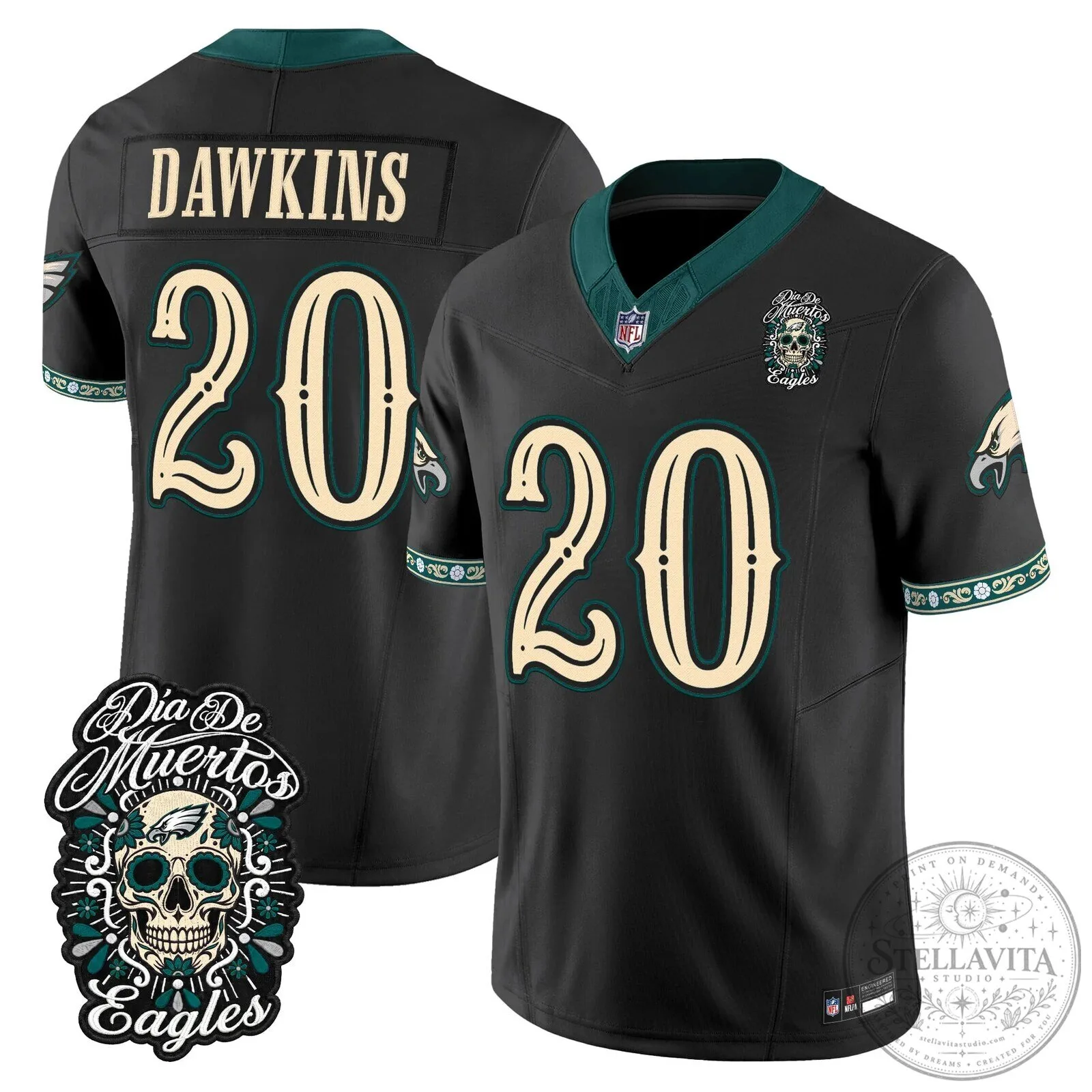 Jalen Hurts Football Jersey for Dia de los Muertos - Philadelphia Eagles Theme 52 Jalen Hurts Football Jersey for Dia de los Muertos - Philadelphia Eagles Theme