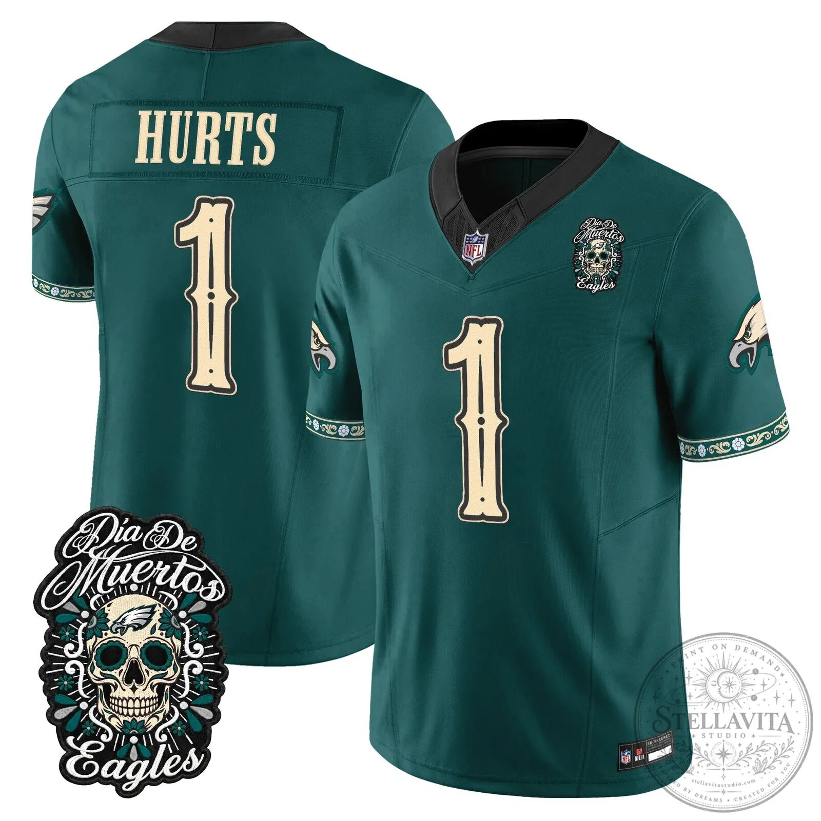 Jalen Hurts Football Jersey for Dia de los Muertos - Philadelphia Eagles Theme 54 Jalen Hurts Football Jersey for Dia de los Muertos - Philadelphia Eagles Theme