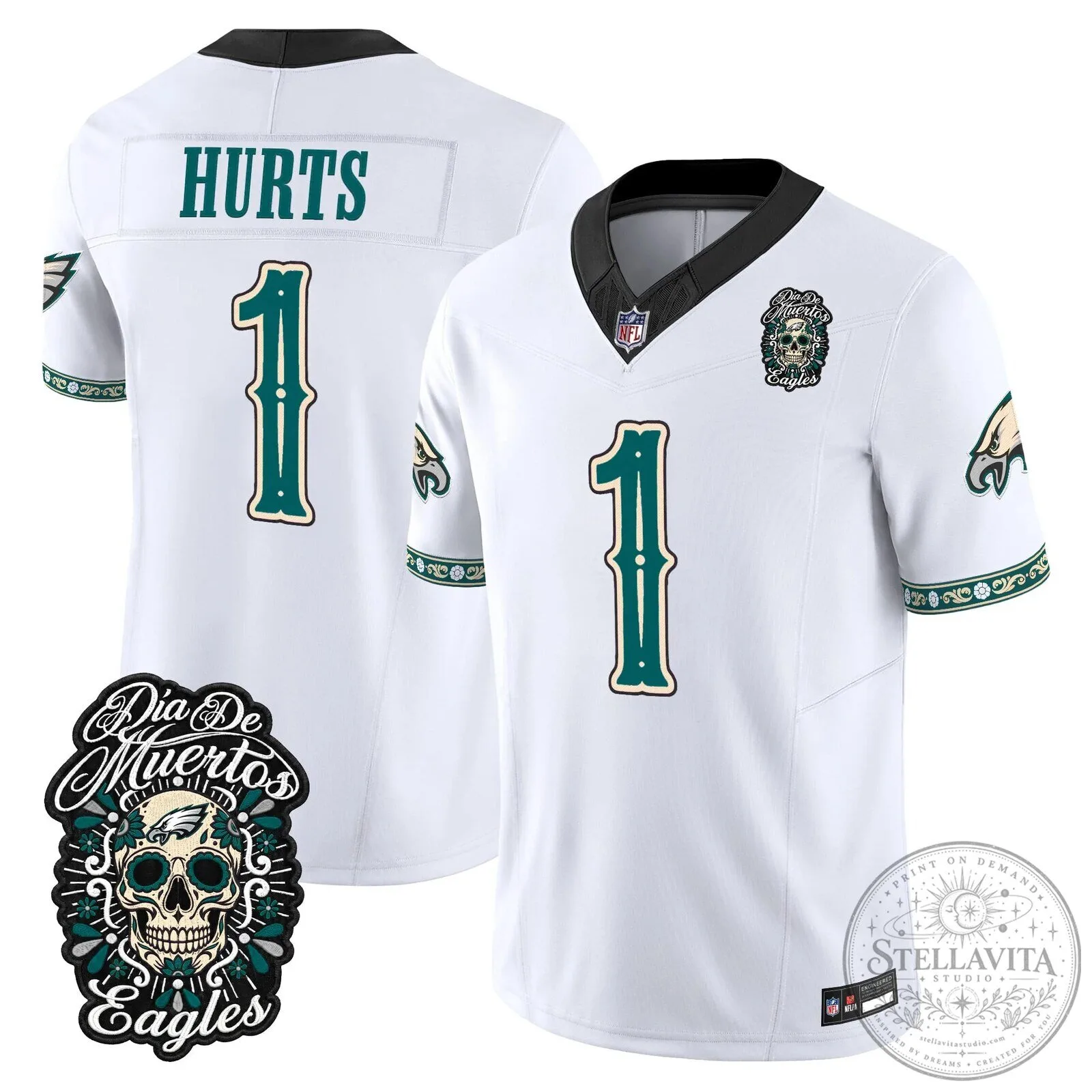 Jalen Hurts Football Jersey for Dia de los Muertos - Philadelphia Eagles Theme 64 Jalen Hurts Football Jersey for Dia de los Muertos - Philadelphia Eagles Theme