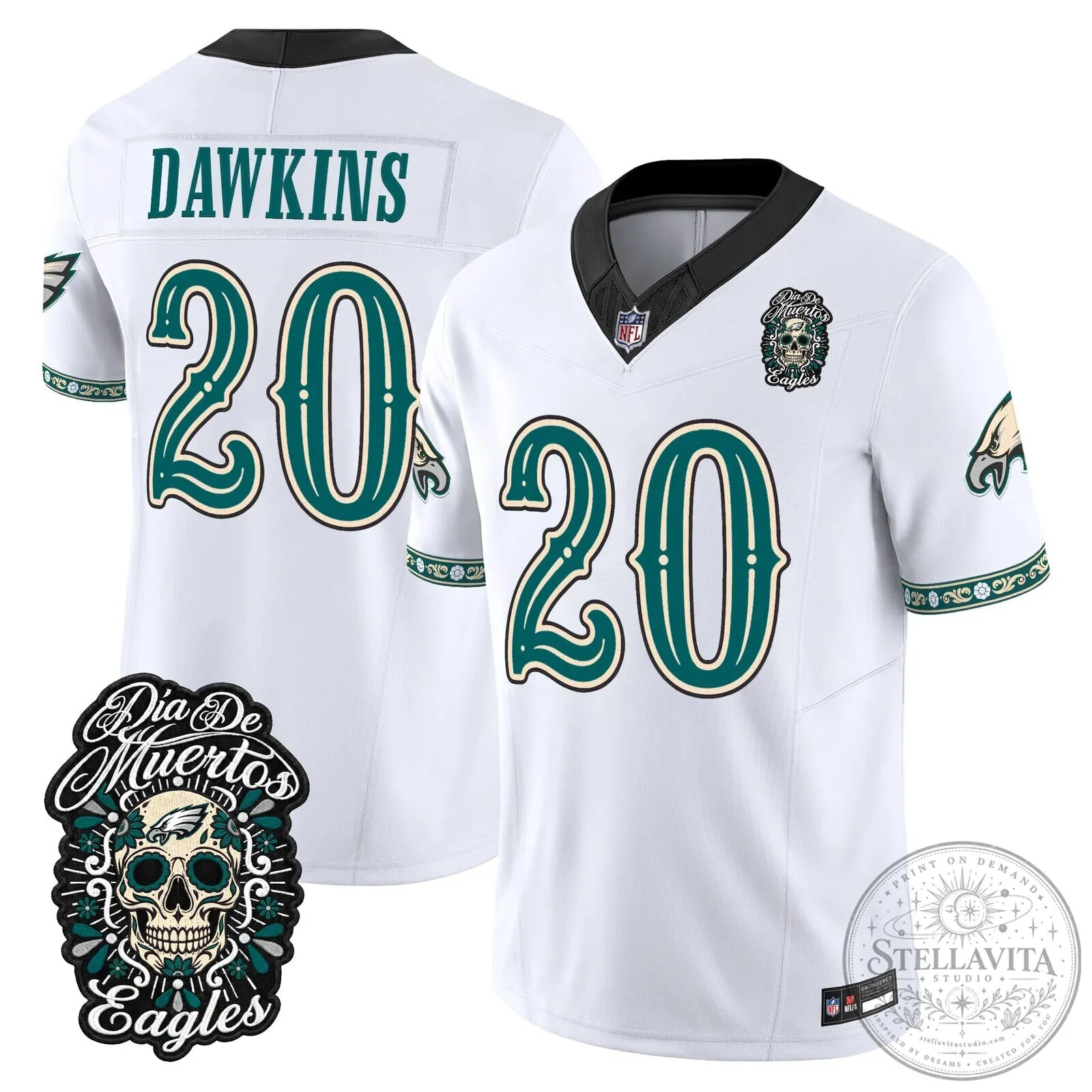 Jalen Hurts Football Jersey for Dia de los Muertos - Philadelphia Eagles Theme 72 Jalen Hurts Football Jersey for Dia de los Muertos - Philadelphia Eagles Theme