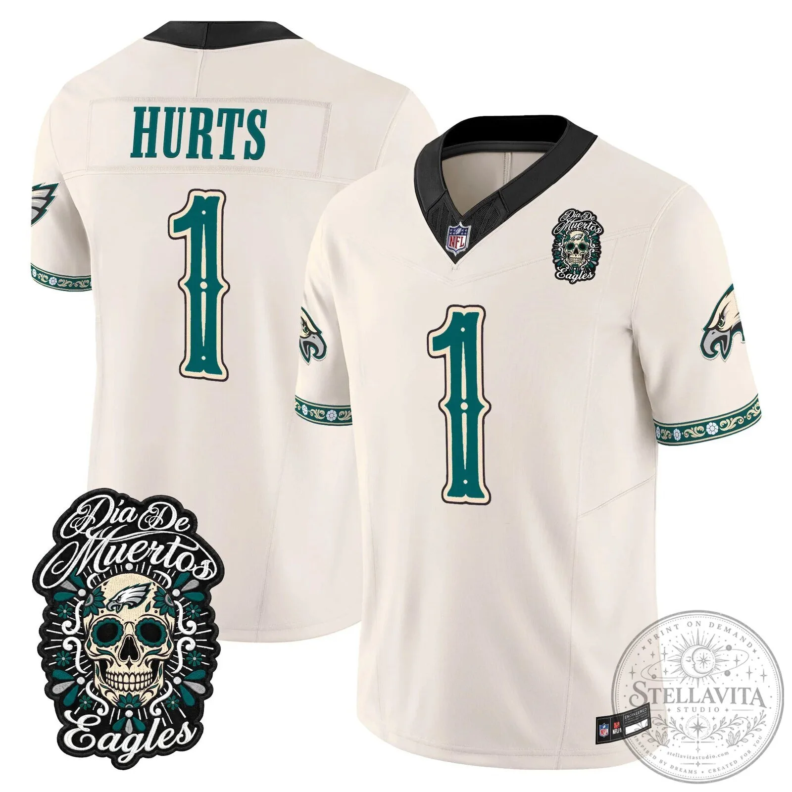 Jalen Hurts Football Jersey for Dia de los Muertos - Philadelphia Eagles Theme 74 Jalen Hurts Football Jersey for Dia de los Muertos - Philadelphia Eagles Theme