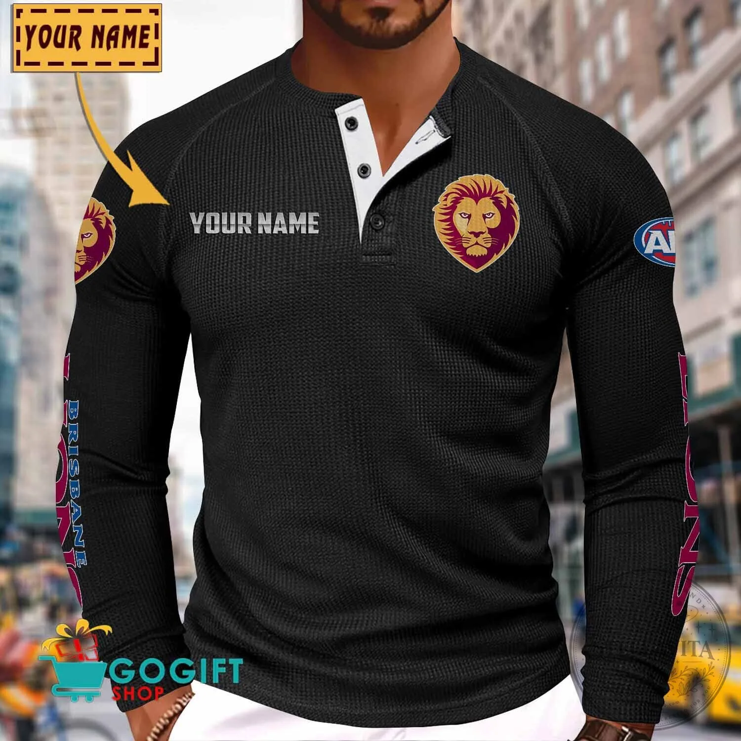 Brisbane Lions Australian Football League Personalized Long Sleeve Henley Shirt