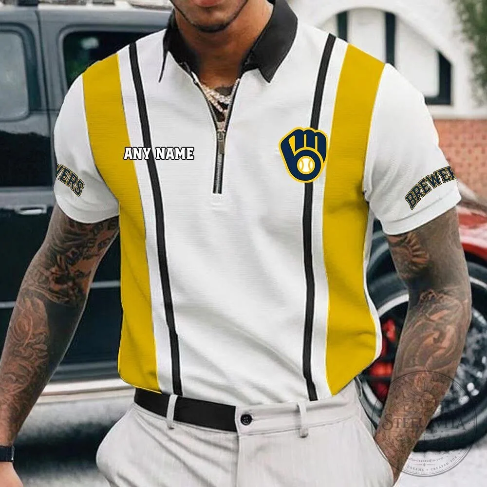 Milwaukee Brewers Personalized Name Multi Color Zipper Polo Shirt for Men 17 Milwaukee Brewers Personalized Name Multi Color Zipper Polo Shirt for Men