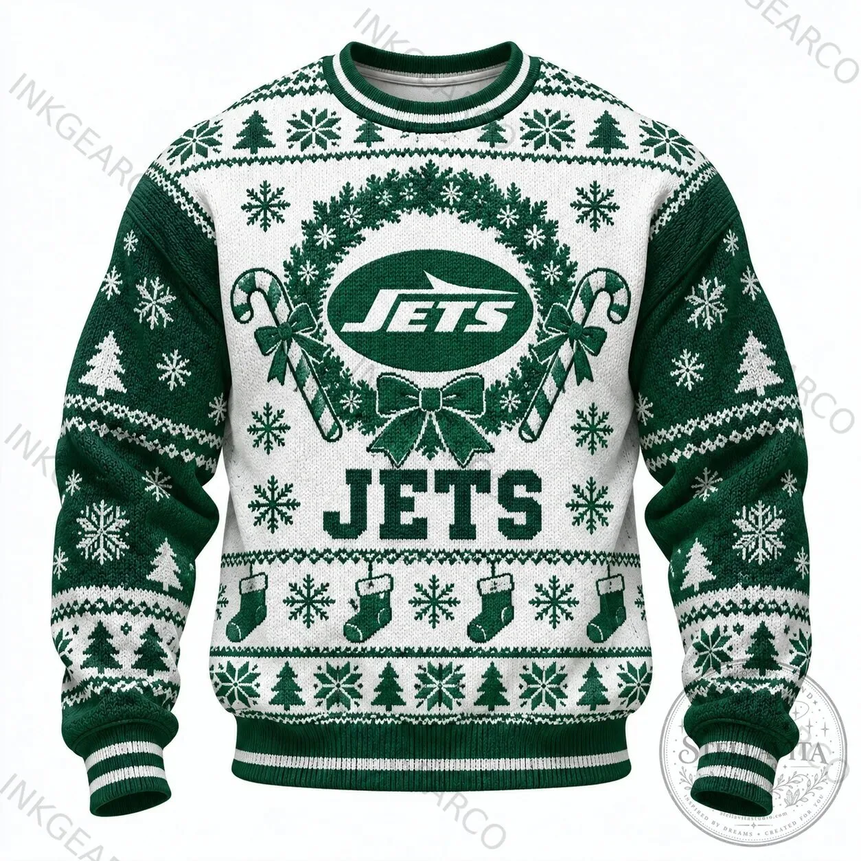 New York Jets Ugly Christmas Holiday Wreath Candy Canes Sweatshirt 2 New York Jets Ugly Christmas Holiday Wreath Candy Canes Sweatshirt