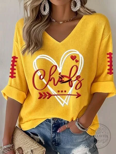Kansas City Chiefs Football Heart Graphic V-Neck Long Sleeve T-Shirt