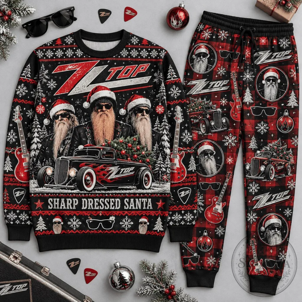 ZZ Top Sharp Dressed Santa Christmas Holiday Ugly Sweater and Jogger Pants Set ZZ Top Sharp Dressed Santa Christmas Holiday Ugly Sweater and Jogger Pants Set