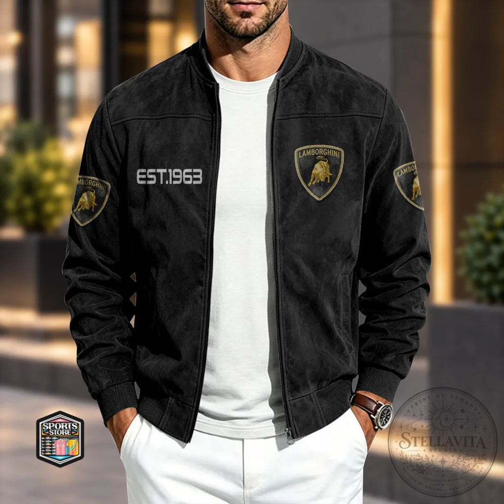 Lamborghini Est. 1963 Black Bomber Jacket with Gold Logo Emblems Lamborghini Est. 1963 Black Bomber Jacket with Gold Logo Emblems