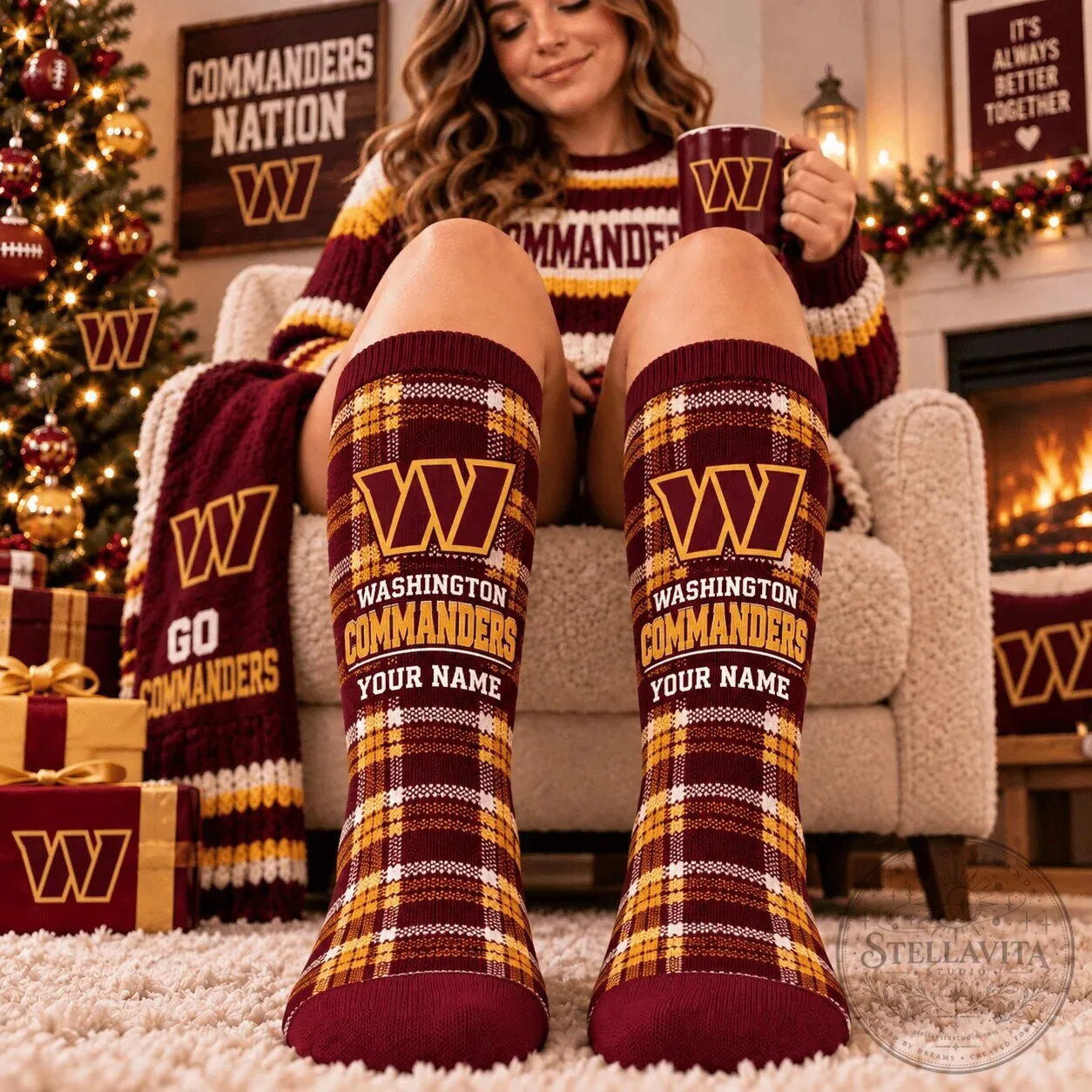 Washington Commanders Personalized Plaid Pattern Custom Name Socks 1 Washington Commanders Personalized Plaid Pattern Custom Name Socks