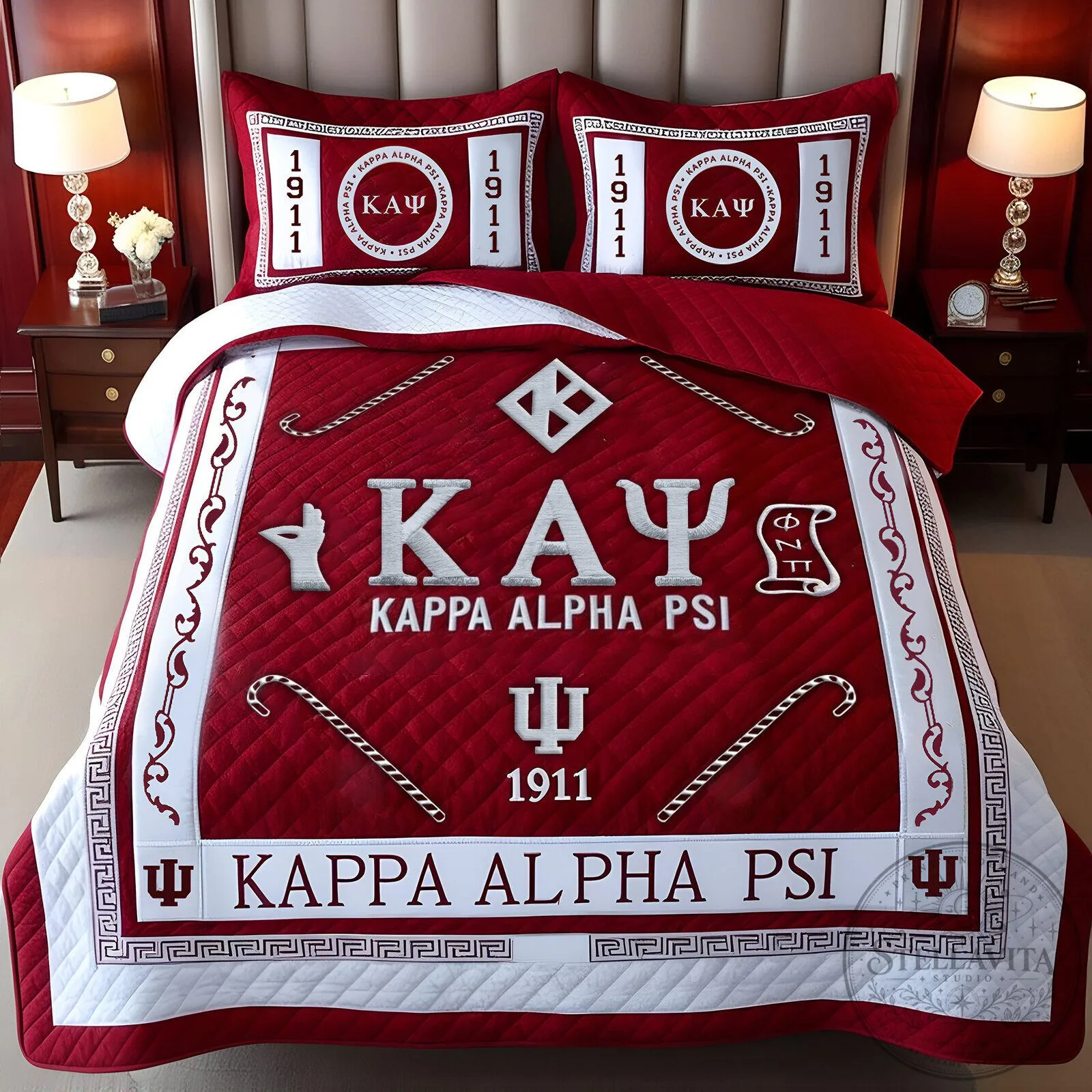 Kappa Alpha Psi Fraternity Greek Letter Red and White Quilted Bedding Set