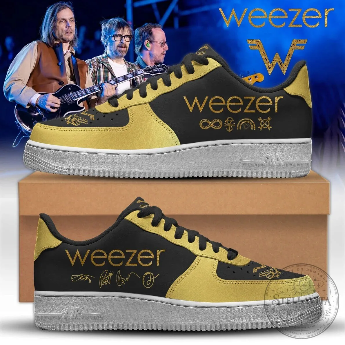 Weezer Band Golden Black Custom Printed Low Top Sneakers 5 Weezer Band Golden Black Custom Printed Low Top Sneakers