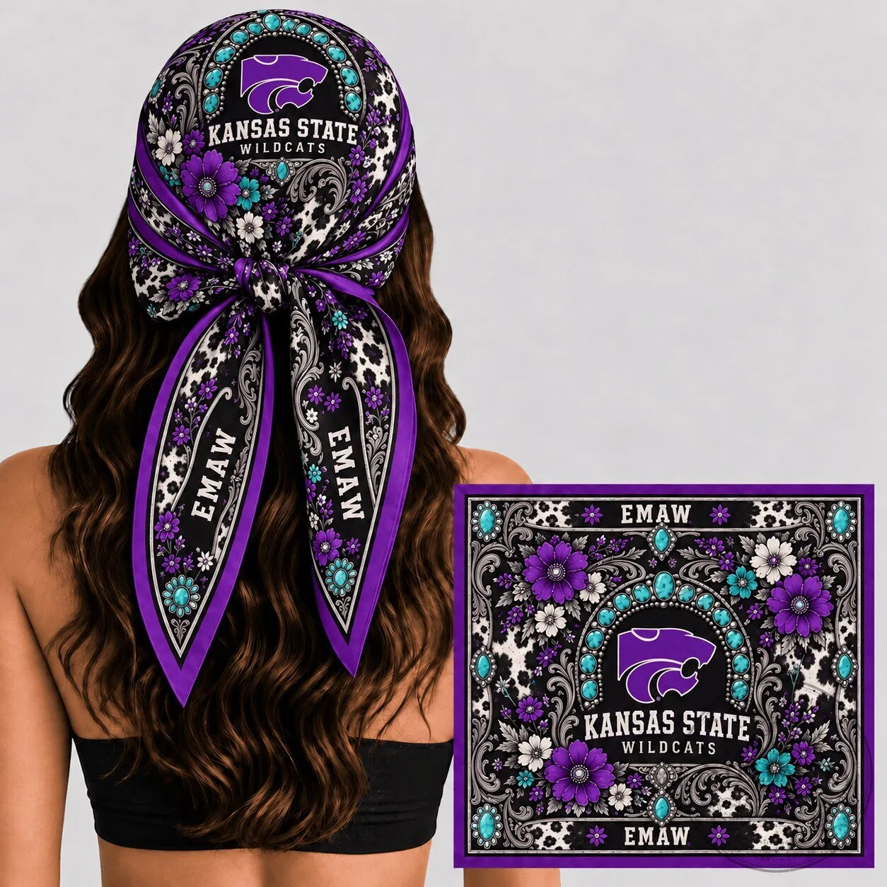 Kansas State Wildcats Purple Boho Floral Pattern Square Silk Scarf