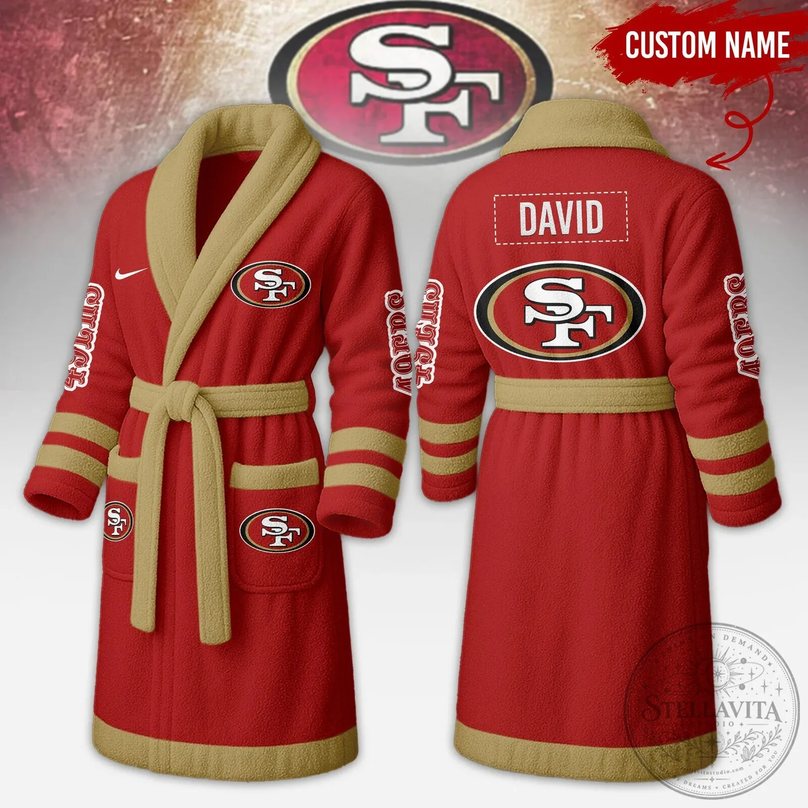San Francisco 49ers NFL Custom Name Red and Gold Fleece Bathrobe for Adults 3 San Francisco 49ers NFL Custom Name Red and Gold Fleece Bathrobe for Adults