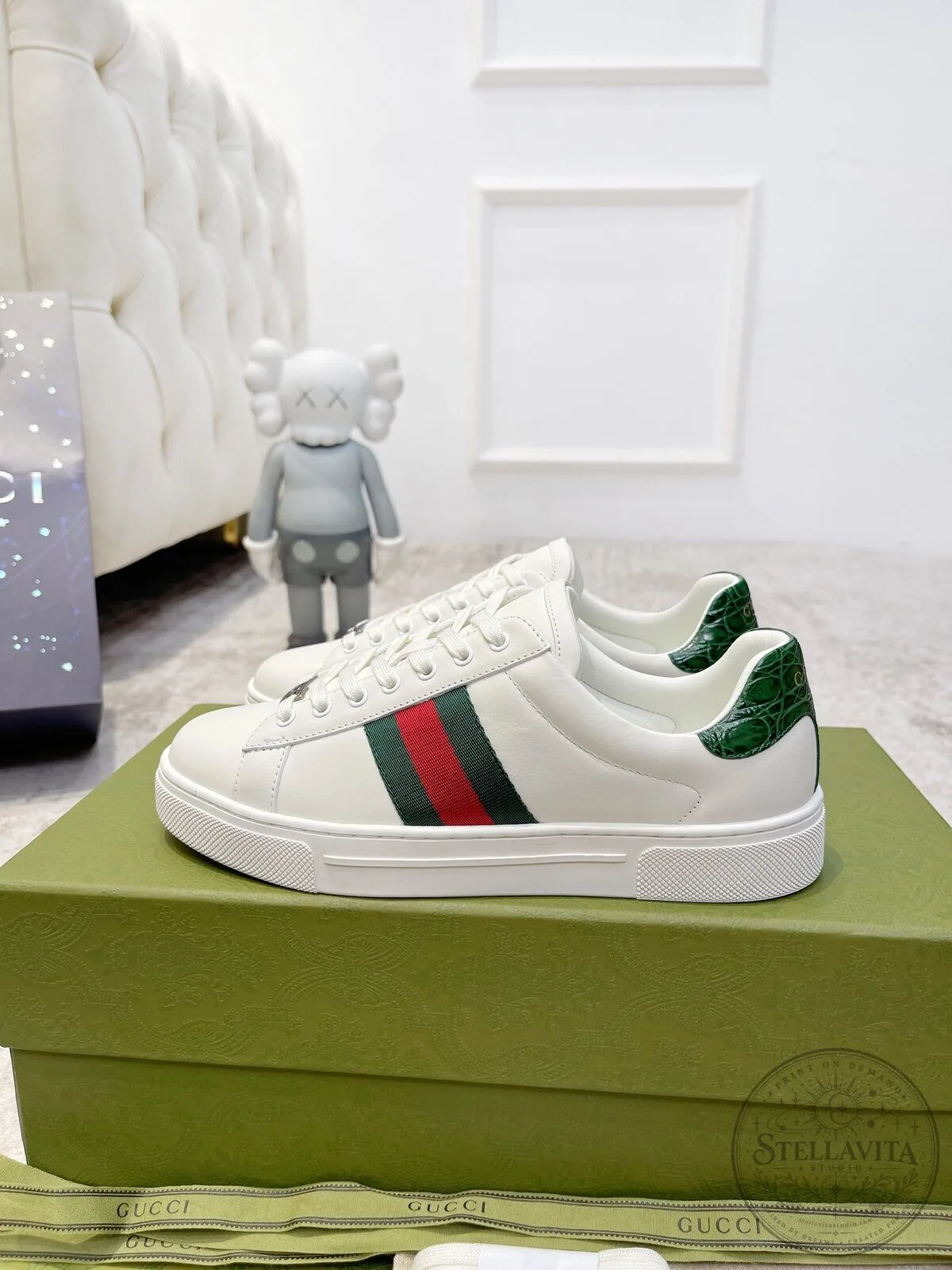 Embroidered Bee White Leather Sneakers by Gucci with Green and Red Web Accents