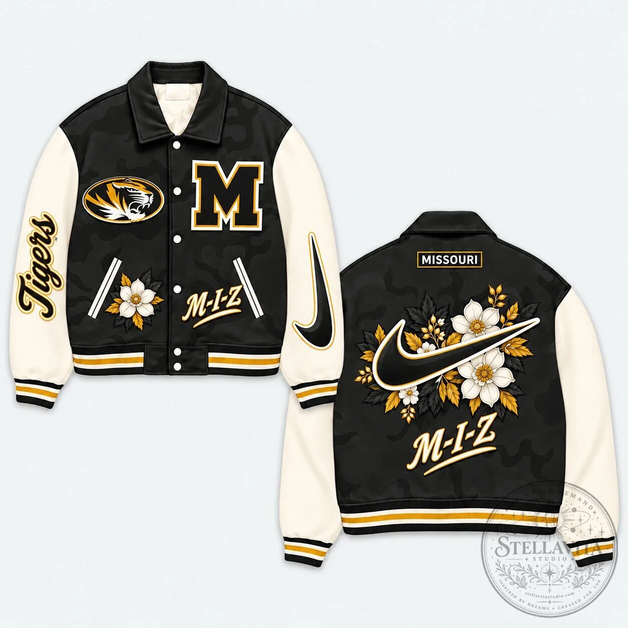 Missouri Tigers Floral Design Black and Gold Varsity Jacket 2 Missouri Tigers Floral Design Black and Gold Varsity Jacket